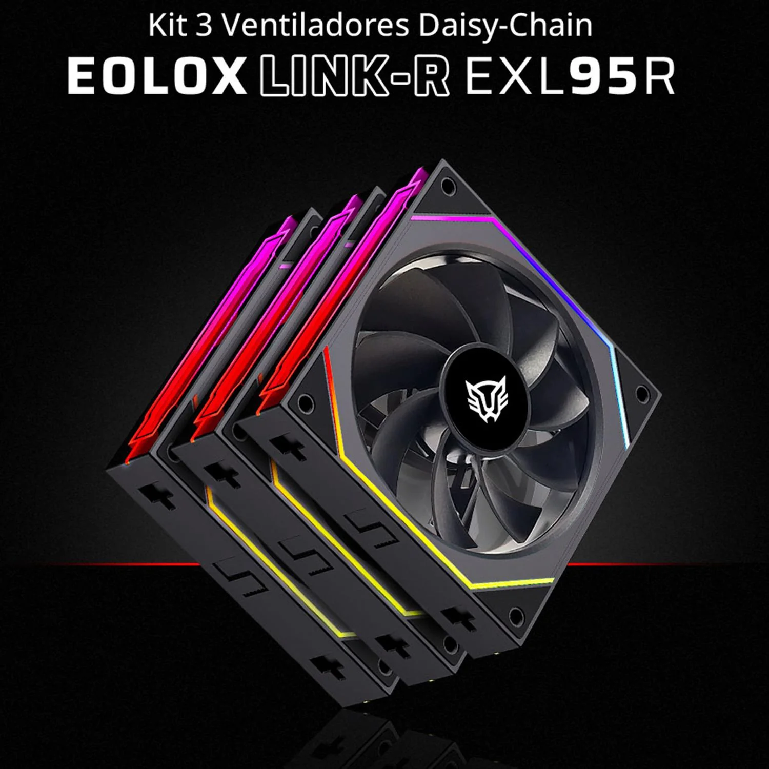 Kit 3 Ventiladores Gamer BALAM RUSH EOLOX LINK-R EXL95R 120mm ARGB Aspas Inversas Diseño Cuadrado Daisy-Chain PWM 4 pin + Aura 1800RPM Negro BR-942102 - Image 4