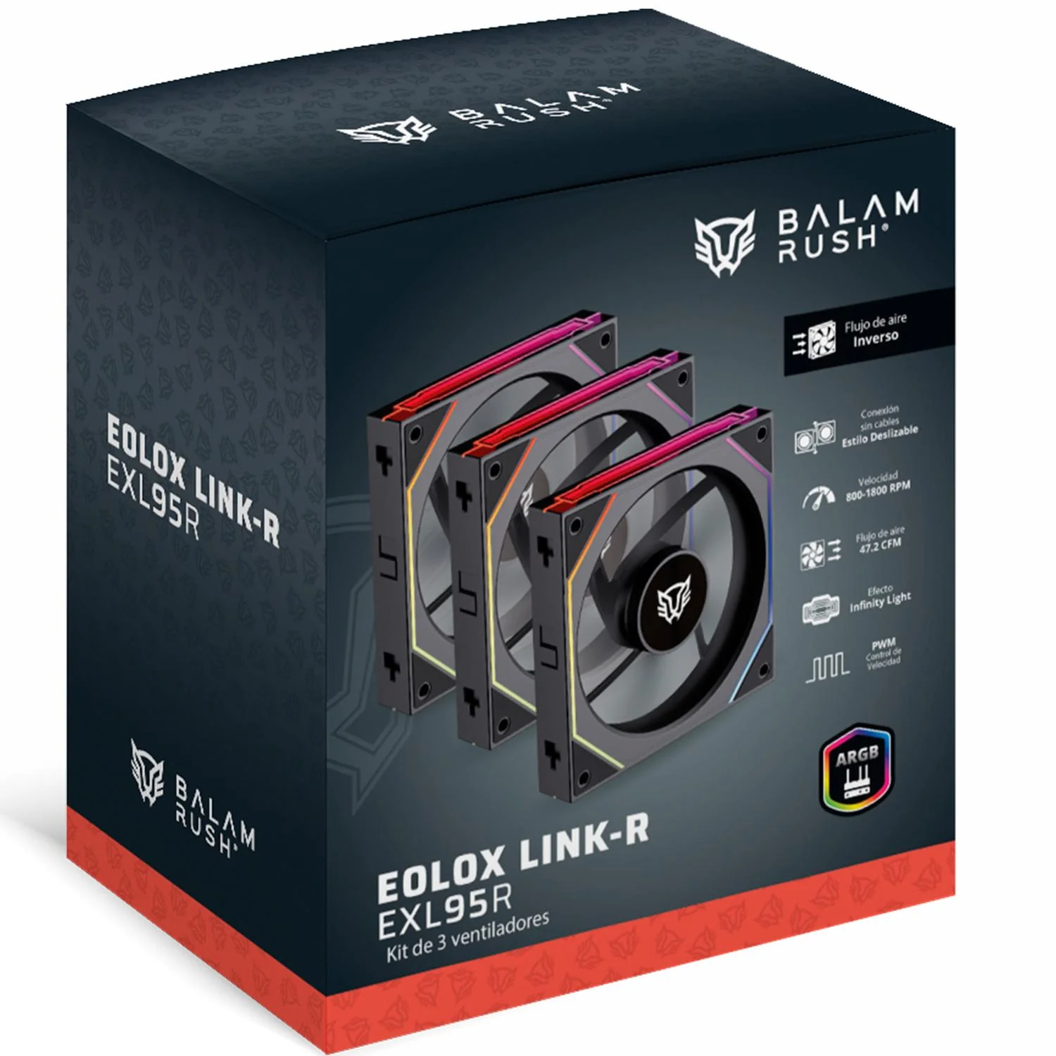 Kit 3 Ventiladores Gamer BALAM RUSH EOLOX LINK-R EXL95R 120mm ARGB Aspas Inversas Diseño Cuadrado Daisy-Chain PWM 4 pin + Aura 1800RPM Negro BR-942102 - Image 6