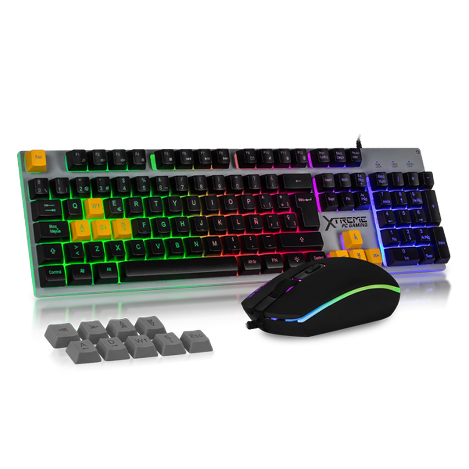 Kit Gamer 2 en 1 XTREME PC GAMING Battle Chief Legion Teclado Membrana Teclas Intercambiables Retroiluminado RGB Español Mouse 7200 DPI USB Amarillo-Gris KXTGK2YG
