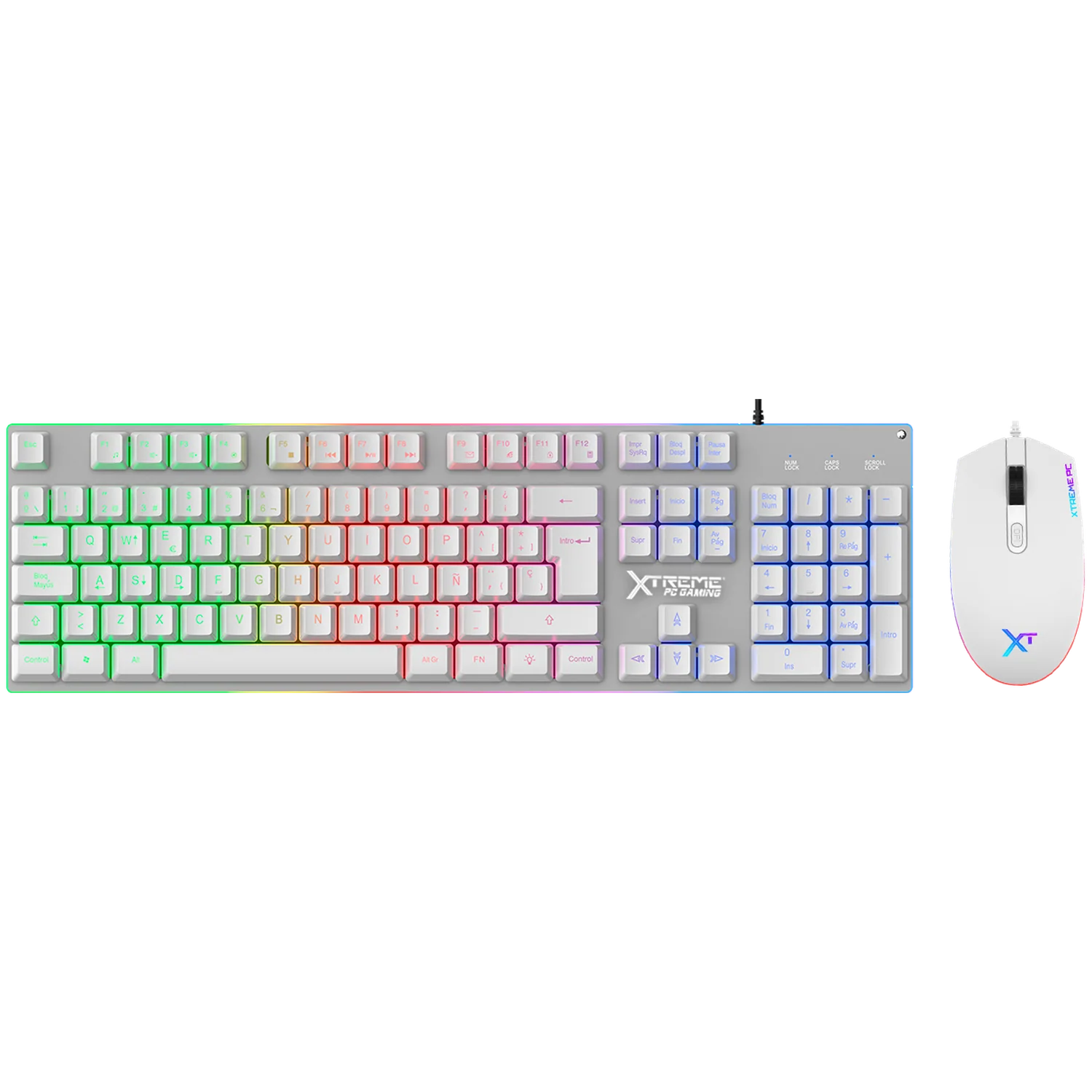 Kit Gamer 2 en 1 XTREME PC GAMING Battle Chief Teclado Membrana Retroiluminado RGB Español Mouse 7200 DPI USB Blanco Metálico KXTGK2MW