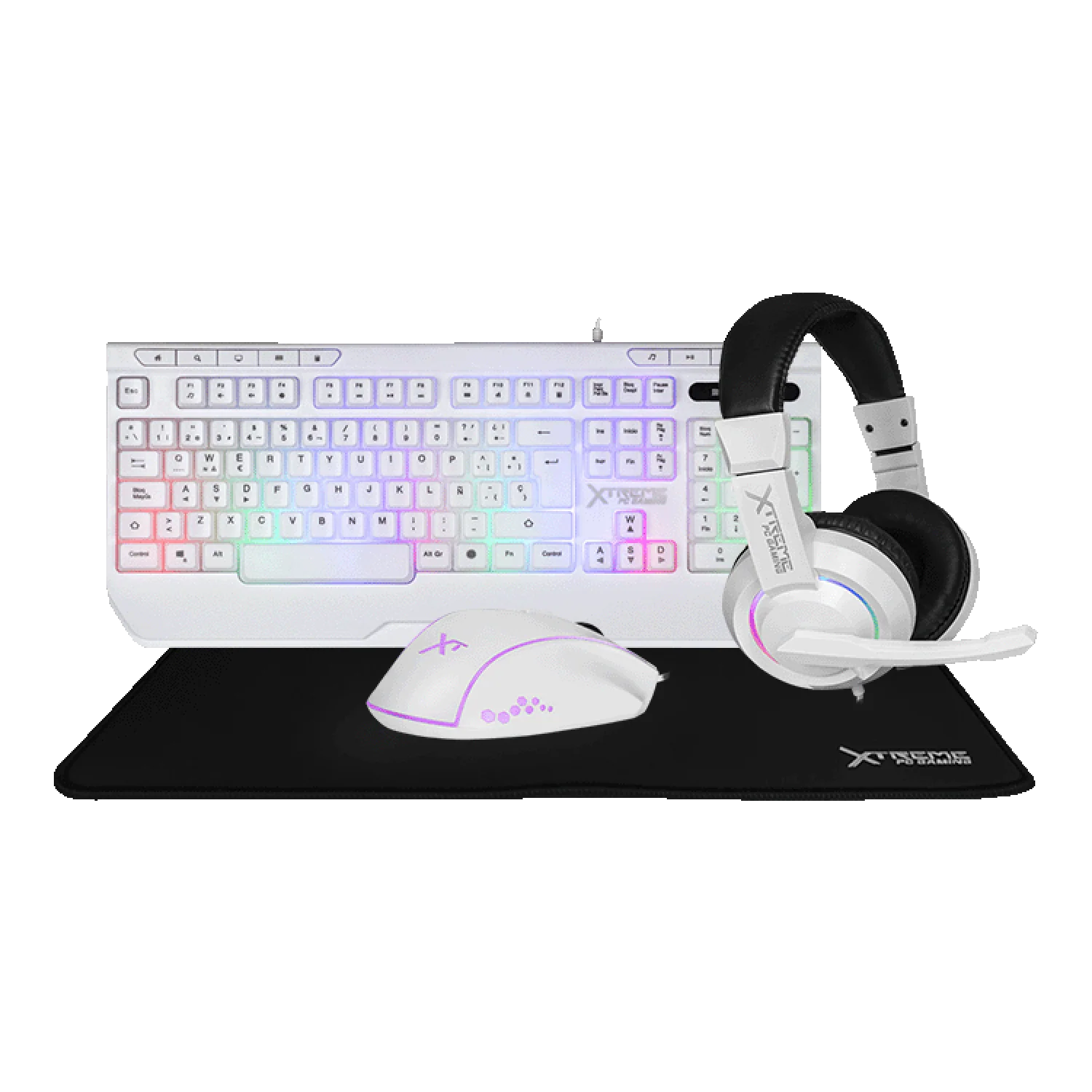 Kit Gamer 4 en 1 XTREME PC GAMING Battle Force Teclado Membrana Español Mouse Audifonos MousePad RGB USB Blanco
