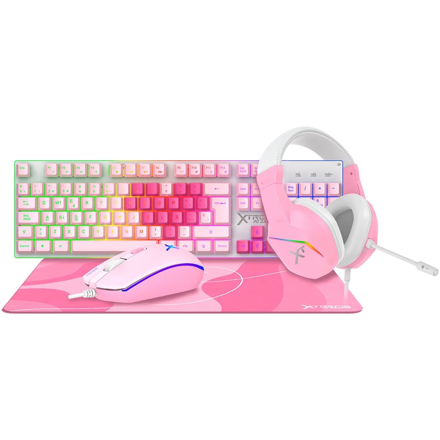 Kit Gamer 4 en 1 XTREME PC GAMING Battle Heart Teclado Membrana Español Mouse Audifonos MousePad RGB USB Rosa KXTMHM4PK