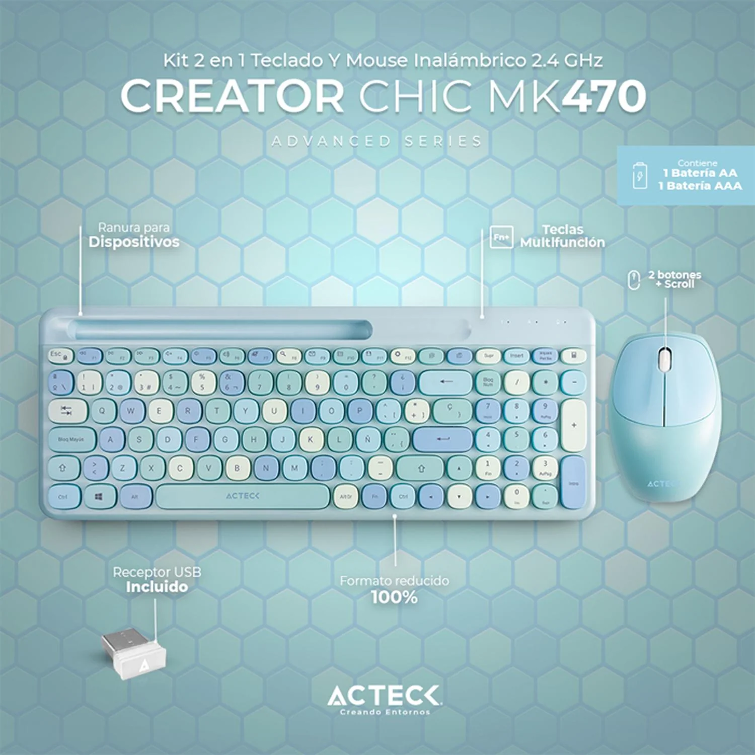 Kit Teclado y Mouse ACTECK CREATOR CHIC COLORS MK470 Inalambrico USB 2.4Ghz Delgado Azul AC-935197 - Image 2