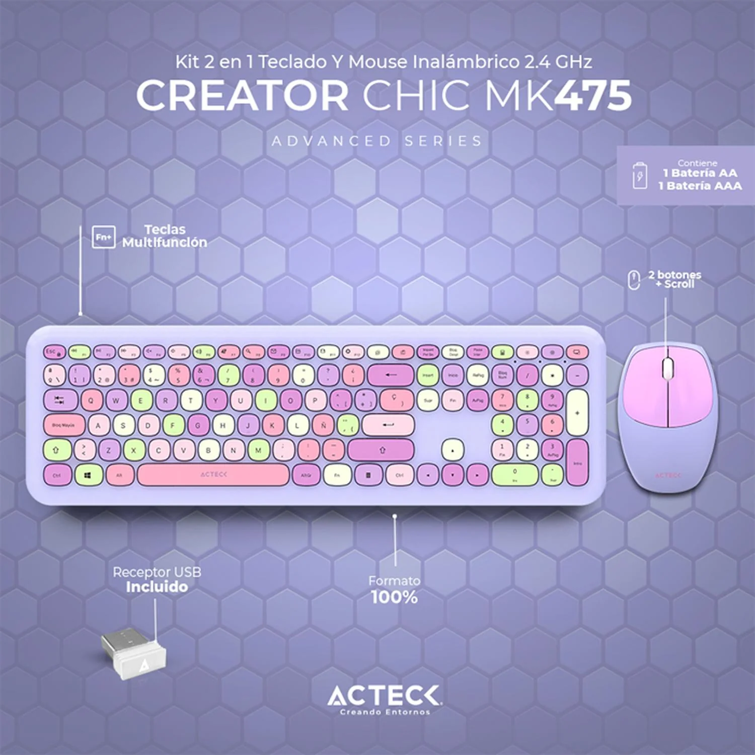 Kit Teclado y Mouse ACTECK CREATOR CHIC COLORS MK475 Inalambrico USB 2.4Ghz Delgado Morado AC-935173 - Image 2