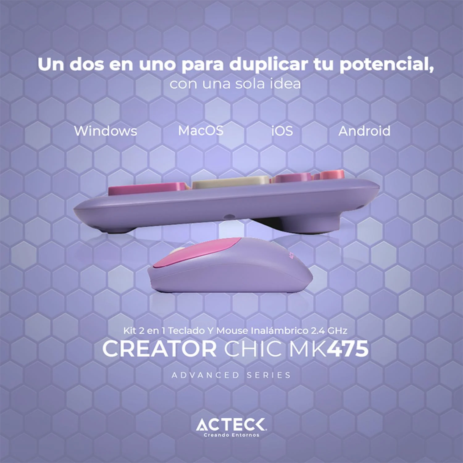 Kit Teclado y Mouse ACTECK CREATOR CHIC COLORS MK475 Inalambrico USB 2.4Ghz Delgado Morado AC-935173 - Image 3