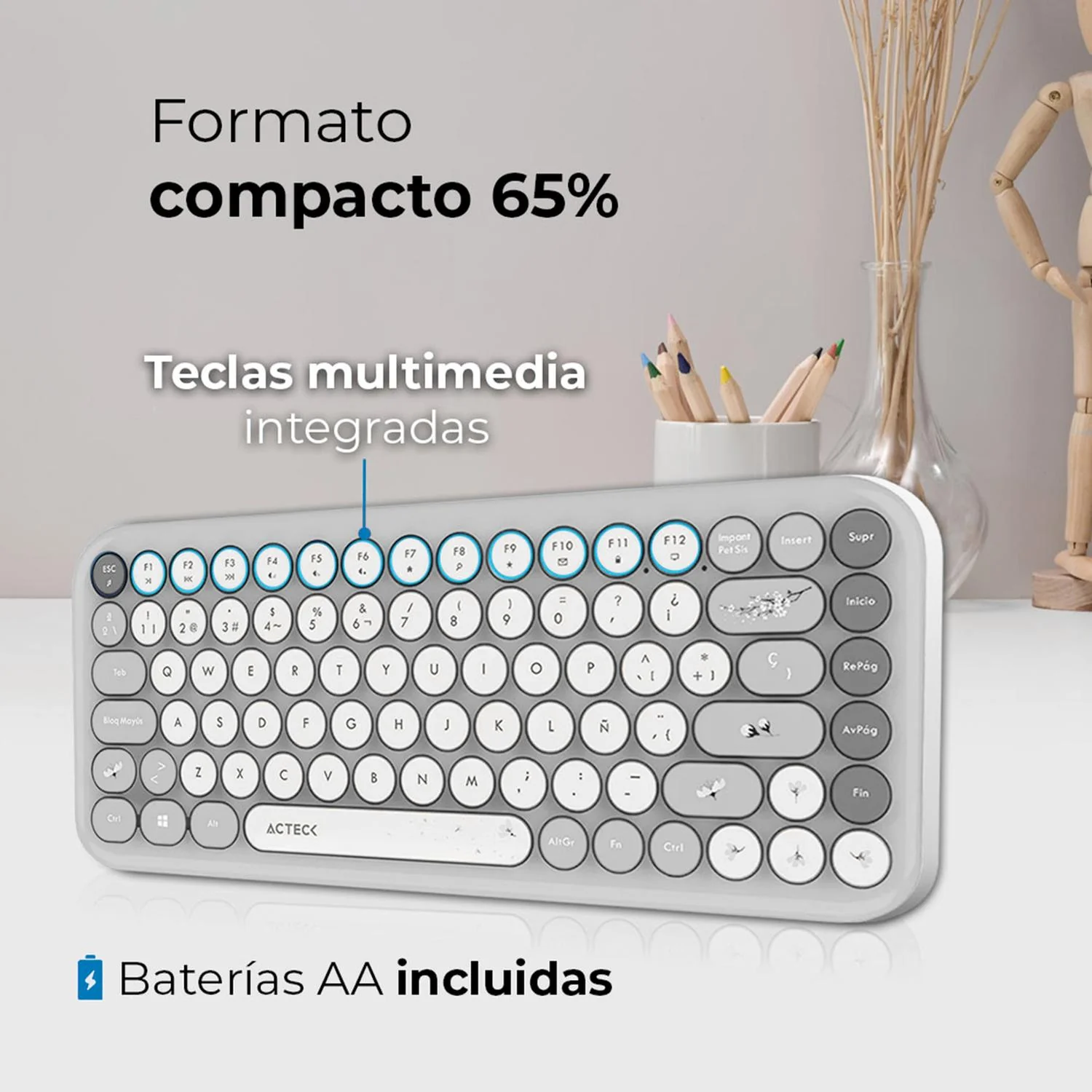 Kit Teclado y Mouse ACTECK CREATOR CHIC K-COLORS MK480 Inalambrico USB 2.4 MHz Gris AC-940221 - Image 2