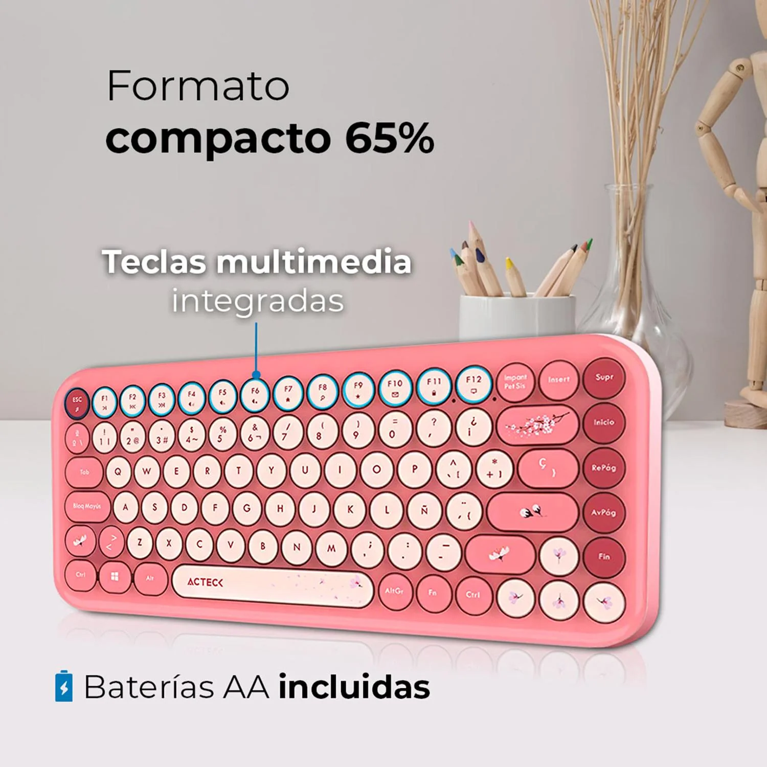 Kit Teclado y Mouse ACTECK CREATOR CHIC K-COLORS MK480 Inalambrico USB 2.4 MHz Rojo AC-940245 - Image 2