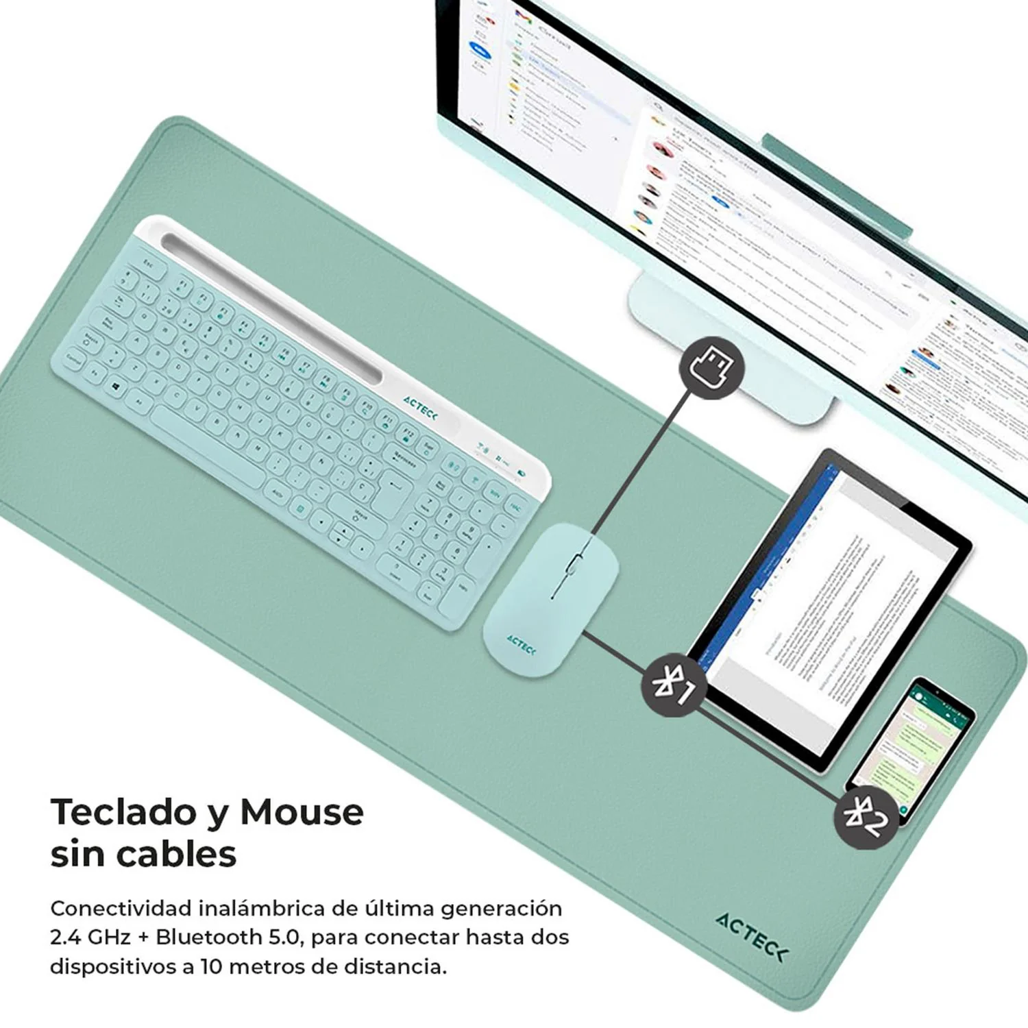 Kit Teclado y Mouse ACTECK CREATOR VIRTUOS SLIK MK720 Multidispositivo Inalambrico USB 2.4 MHz + BT 5.0 Tamaño 96% 4000dpi Tiffany AC-940153 - Image 2