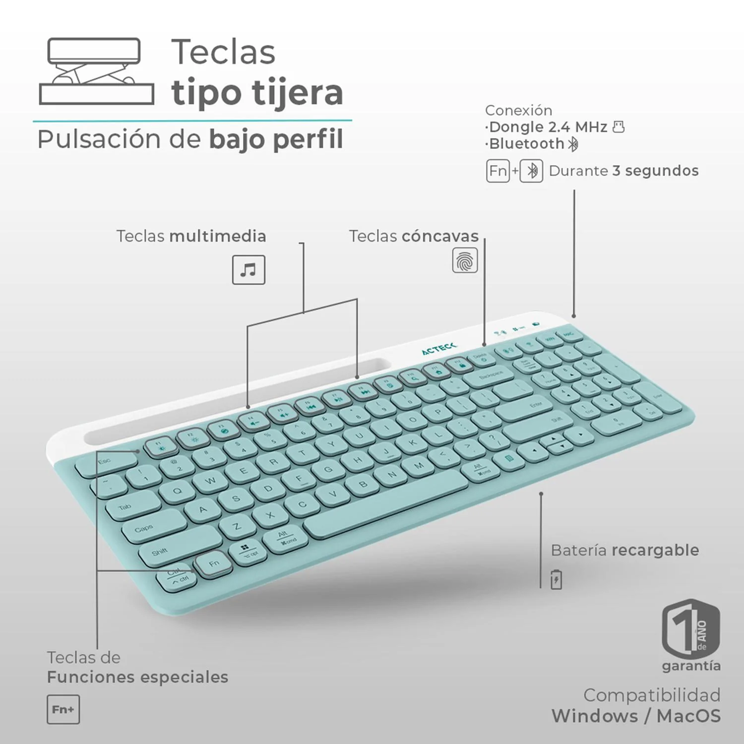 Kit Teclado y Mouse ACTECK CREATOR VIRTUOS SLIK MK720 Multidispositivo Inalambrico USB 2.4 MHz + BT 5.0 Tamaño 96% 4000dpi Tiffany AC-940153 - Image 3