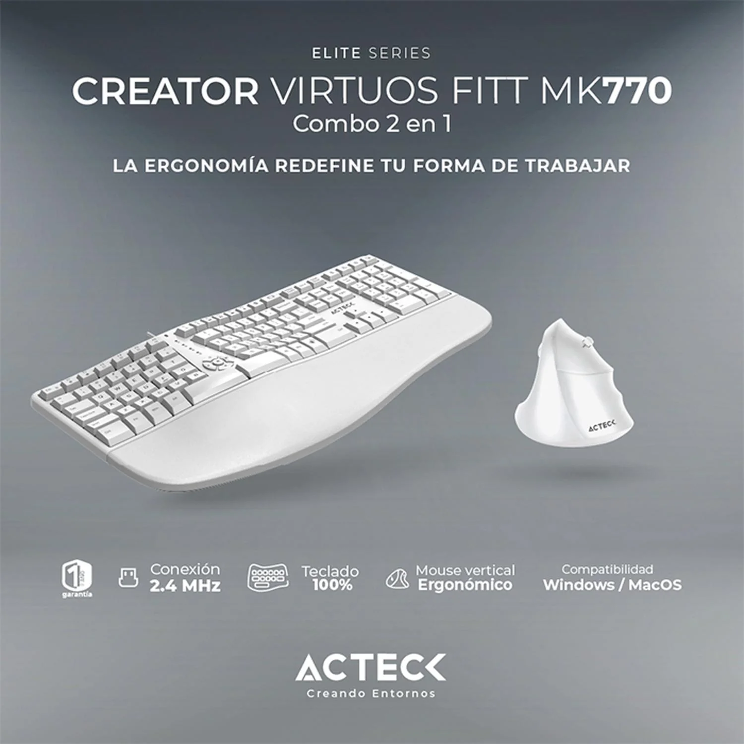 Kit Teclado y Mouse ACTECK VIRTUOS FITT MK770 Inalambrico USB-C Blanco AC-936255 - Image 3