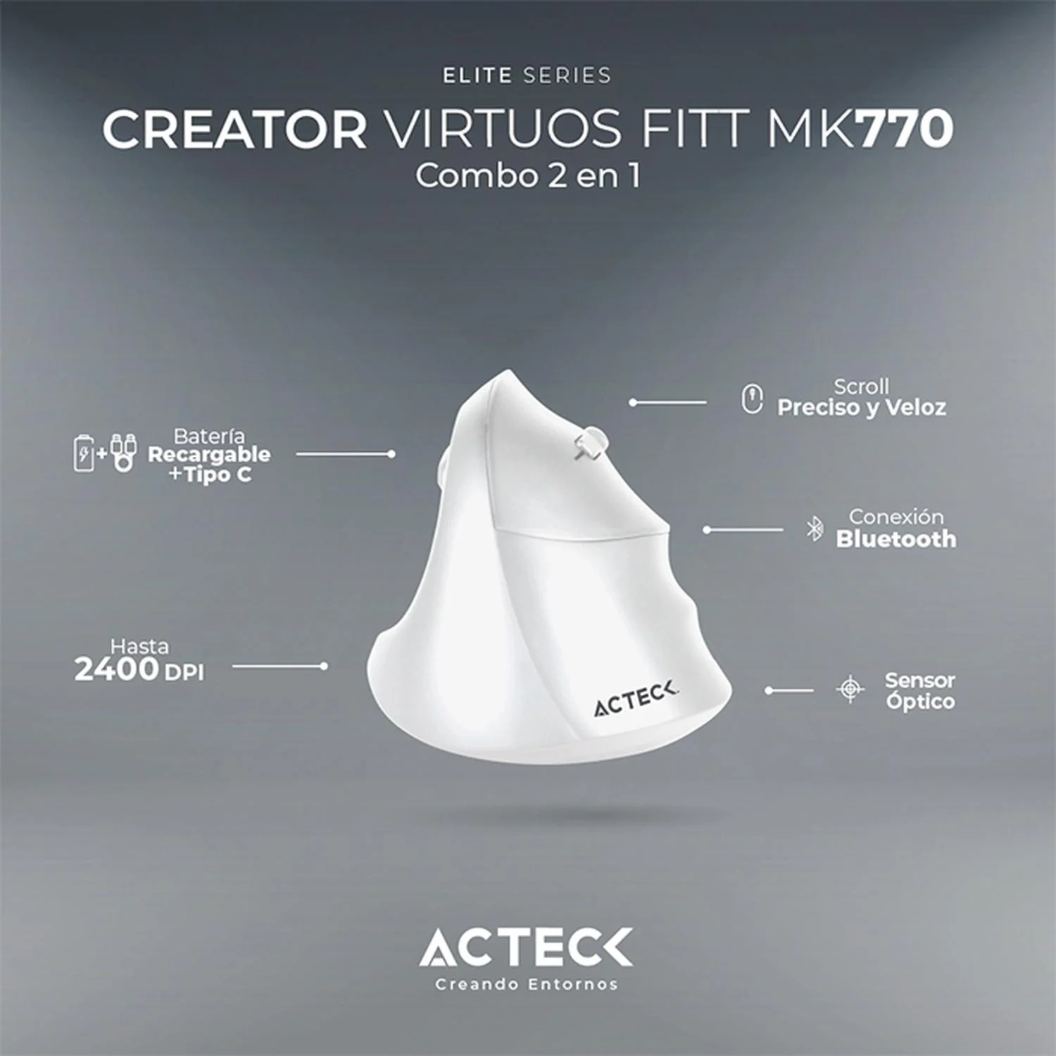 Kit Teclado y Mouse ACTECK VIRTUOS FITT MK770 Inalambrico USB-C Blanco AC-936255 - Image 4