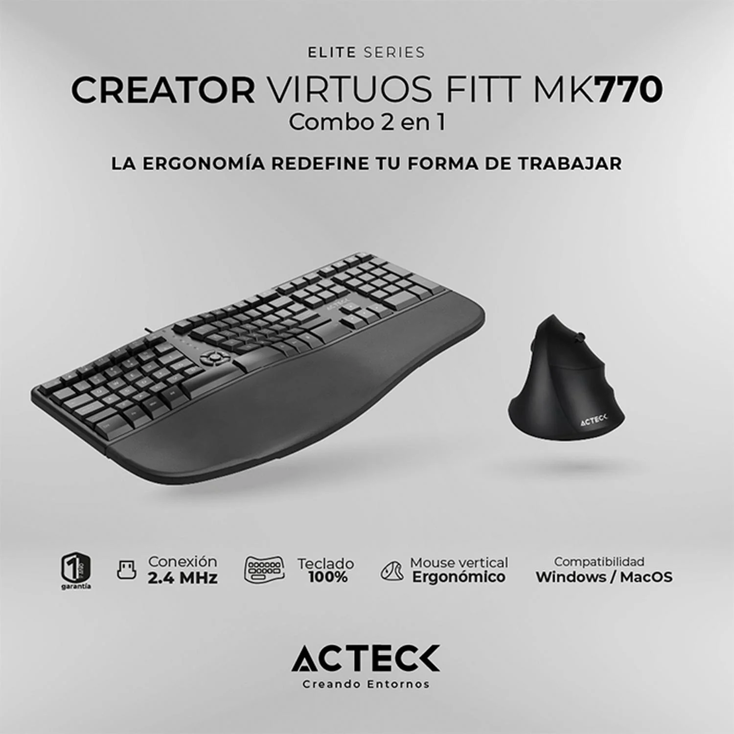 Kit Teclado y Mouse ACTECK VIRTUOS FITT MK770 Inalambrico USB-C Negro AC-936248 - Image 3