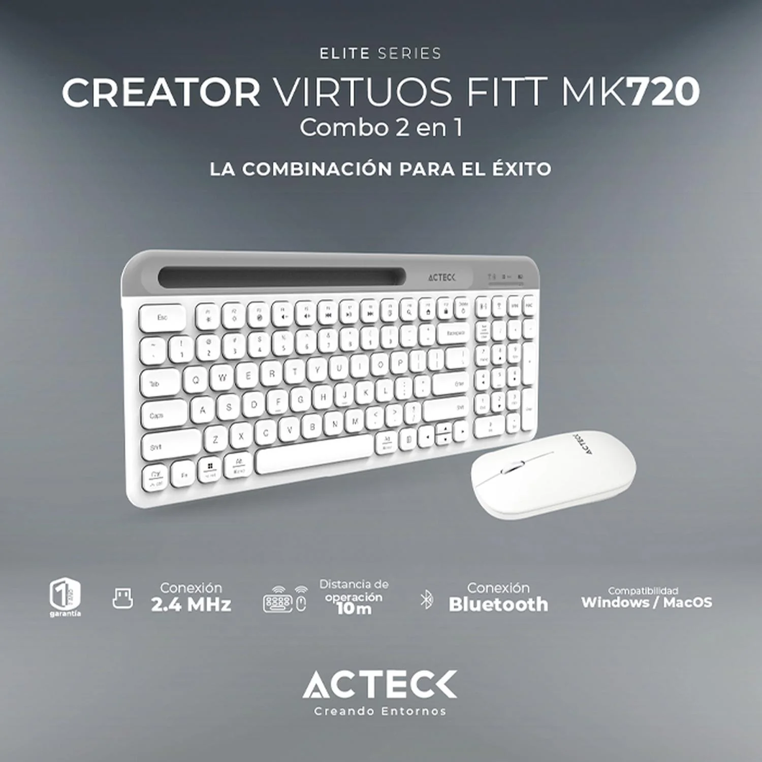 Kit Teclado y Mouse ACTECK VIRTUOS SILK MK720 Inalambrico USB-C Blanco AC-936262 - Image 3