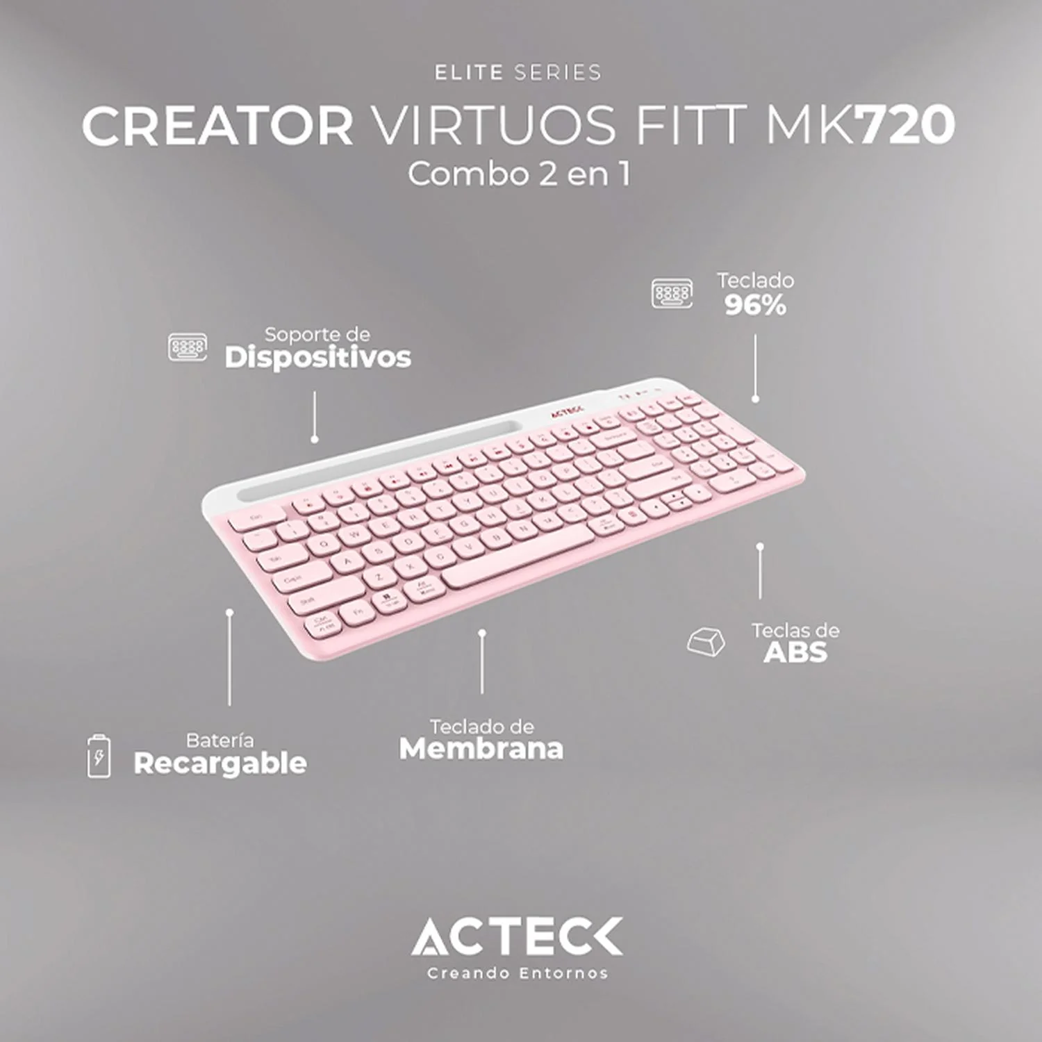 Kit Teclado y Mouse ACTECK VIRTUOS SILK MK720 Inalambrico USB-C Rosa AC-936279 - Image 5