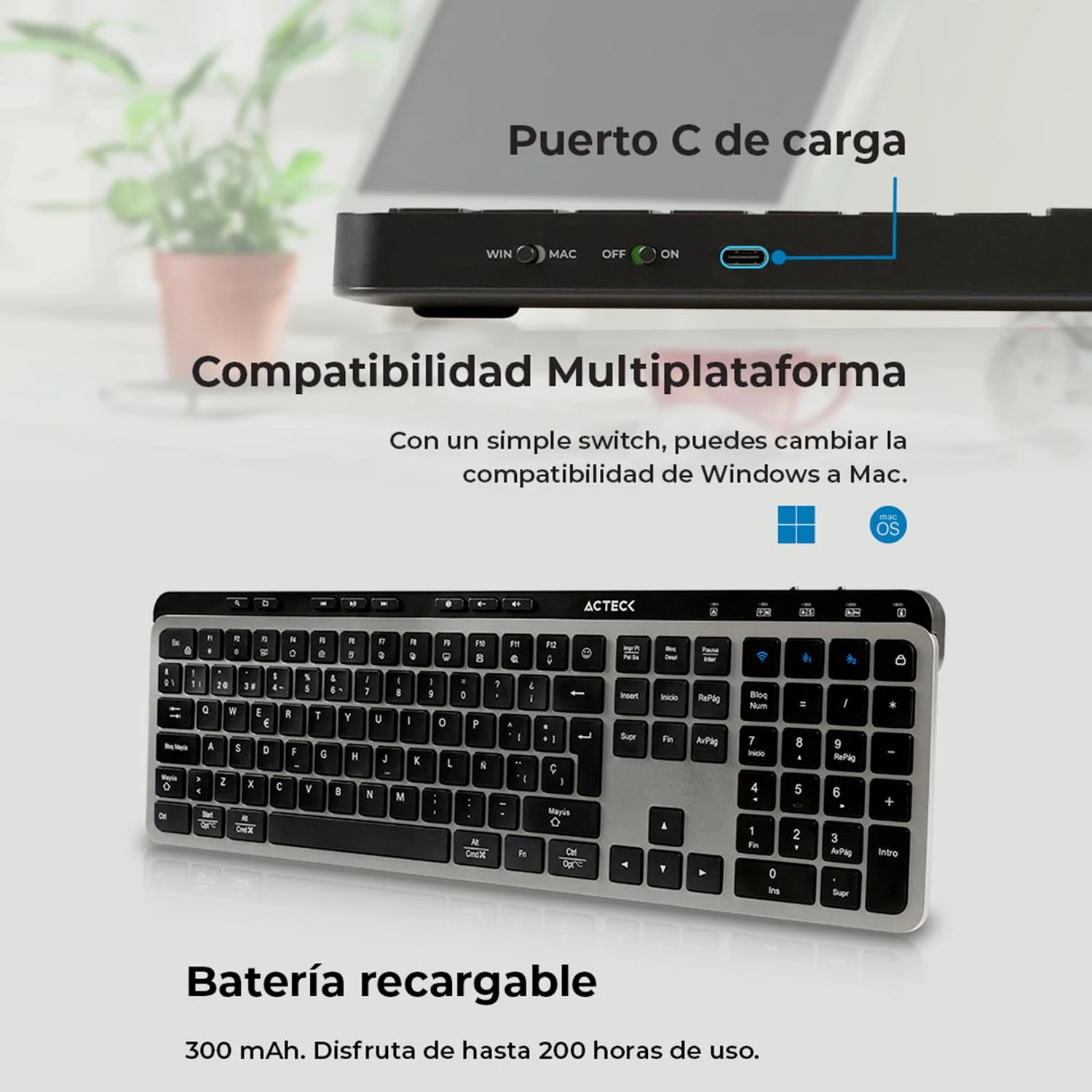 Kit Teclado y Mouse Multidispositivo ACTECK CREATOR KREA MK755 Ergonomico Inalambrico USB 2.4GHz + BT 5.0 2000dpi Negro/Gris AC-940160 - Image 3
