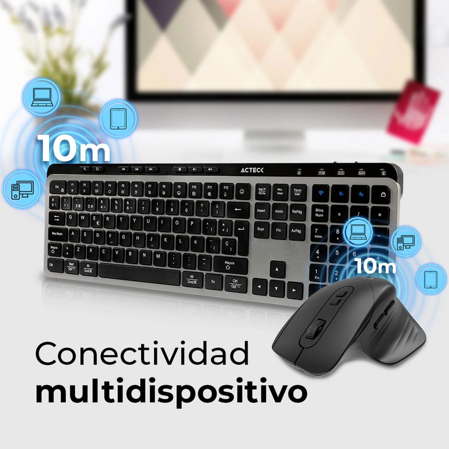 Kit Teclado y Mouse Multidispositivo ACTECK CREATOR KREA MK755 Ergonomico Inalambrico USB 2.4GHz + BT 5.0 2000dpi Negro/Gris AC-940160 - Image 5