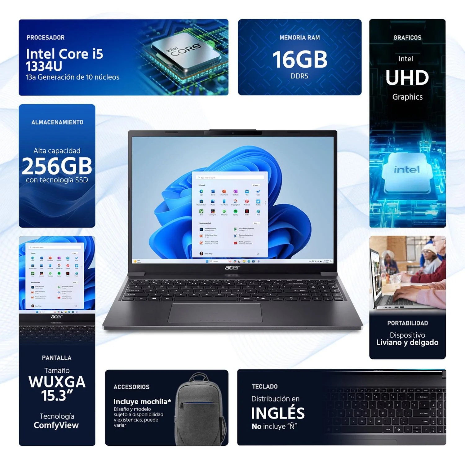 Laptop ACER Aspire Go 15 Intel Core i5 1334U 16GB RAM 256GB SSD 15.3" Windows 11 Home Teclado en Ingles + Mochila - Image 2