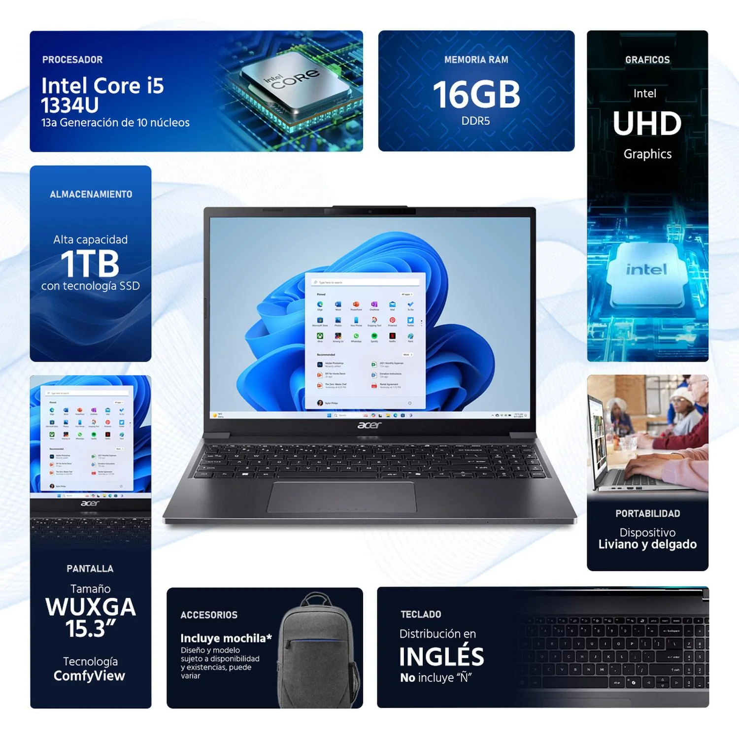 Laptop ACER Aspire Go 15 Intel Core i5 1334U 16GB RAM 1TB SSD 15.3" Windows 11 Home Teclado en Ingles + Mochila - Image 2