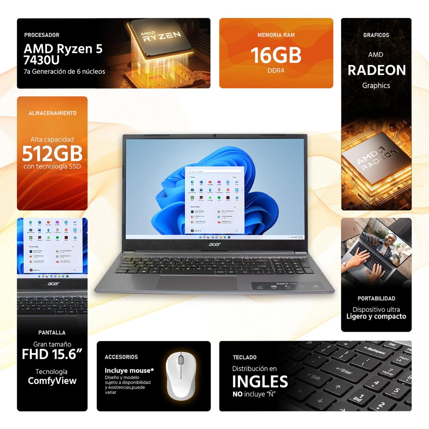 Laptop ACER Aspire Lite 15 AMD Ryzen 5 7430U 16GB 512GB SSD 15.6” Full HD W11 Plata Teclado Ingles Mouse DXT Ideal para Trabajo y Multitarea - Image 2