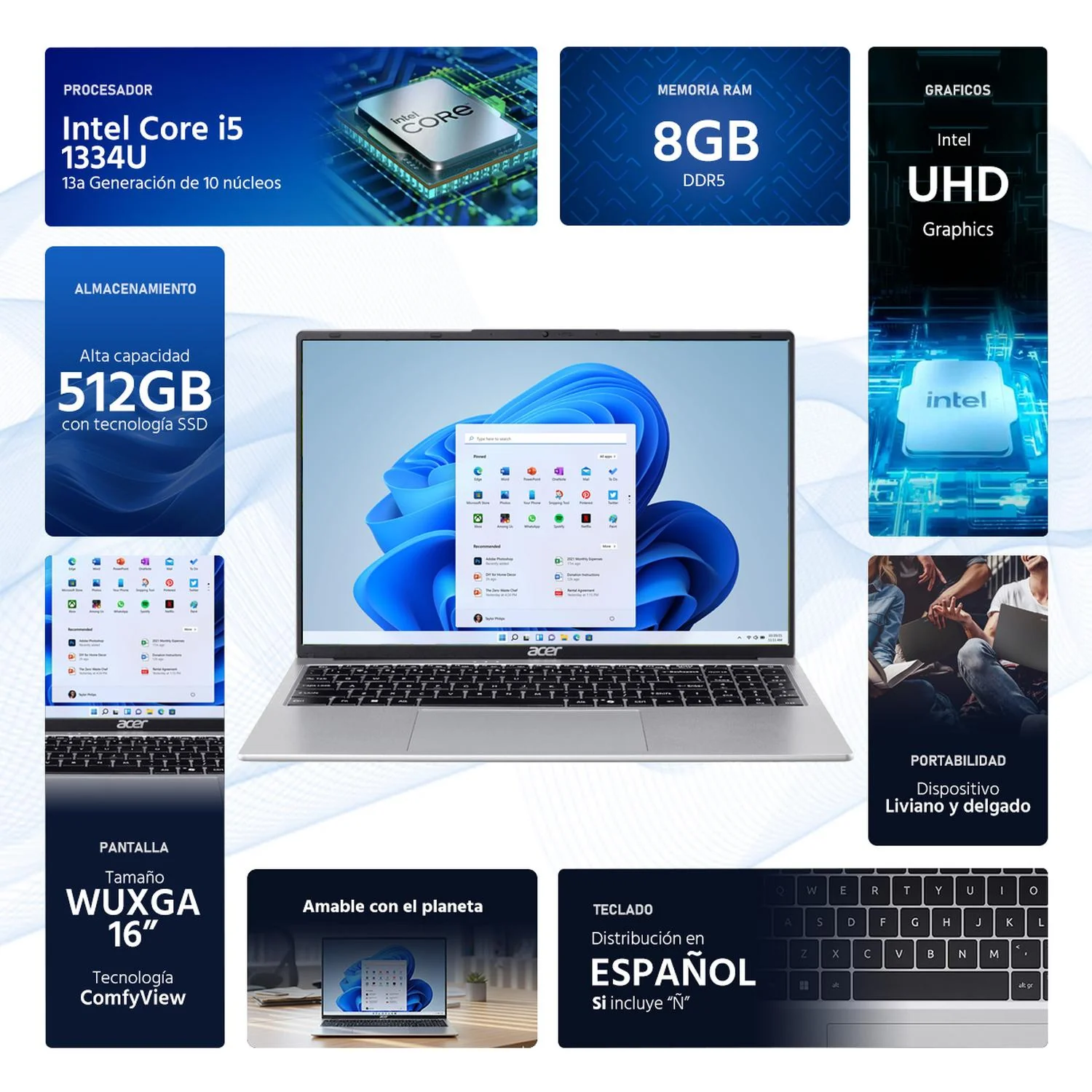 Laptop ACER Aspire Lite 16 Intel Core i5 1334U 8GB RAM 512GB SSD 16" Windows 11 Home Teclado en Español - Image 2