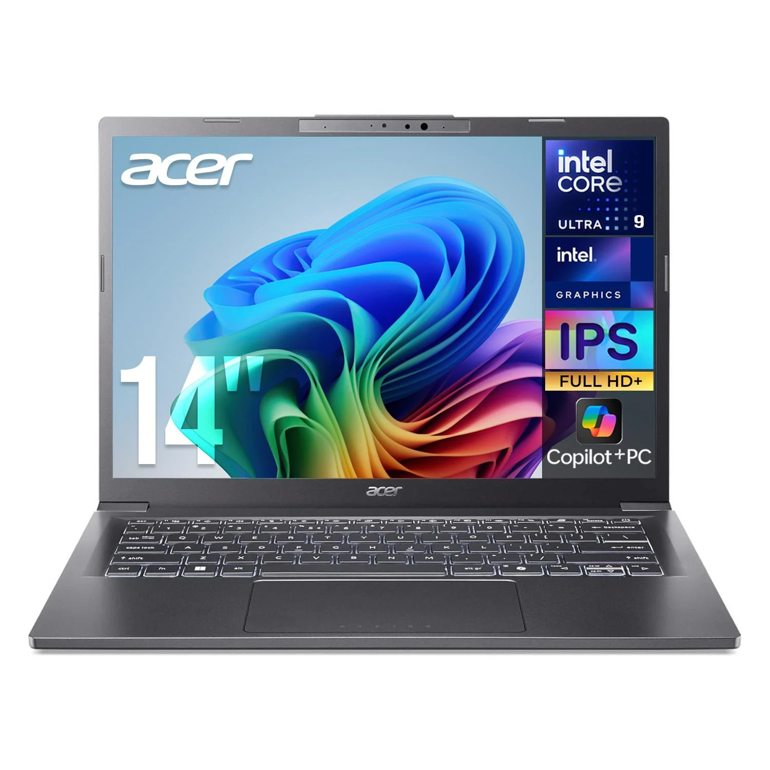 Laptop AI PC ACER Aspire 14 AI Intel Core Ultra 9 288V NPU Motor de IA Dedicado 48 TOPS 32GB LPDDR5X 1TB SSD Pantalla Touch 14" IPS FHD+ Teclado Ingles W11H Copilot+ PC Bateria Larga Duracion