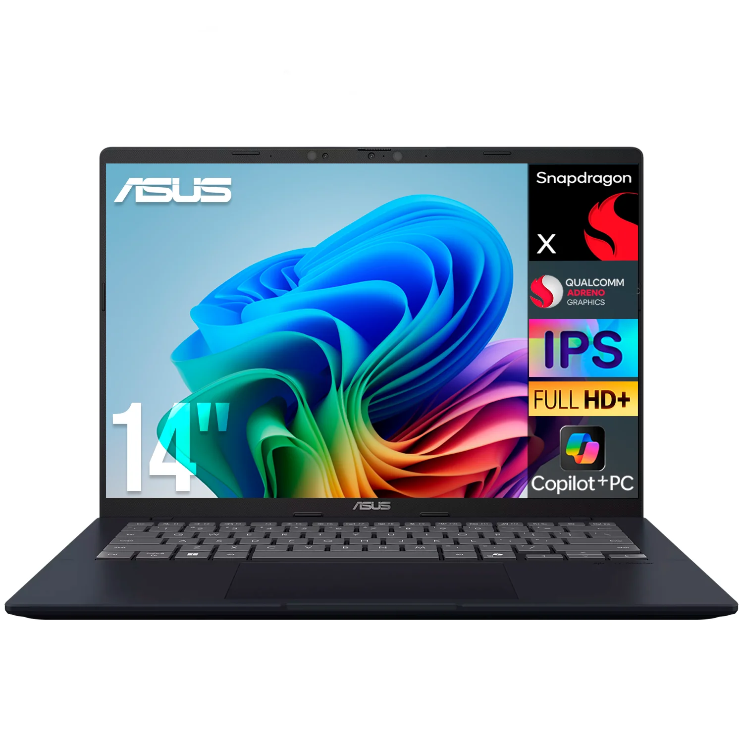Laptop AI PC ASUS Vivobook 14 X1407QA Snapdragon X 16GB LPDDR5X 512GB SSD Pantalla 14" IPS FHD+ Copilot+ PC NPU 45 TOPS Windows 11 Teclado Ingles