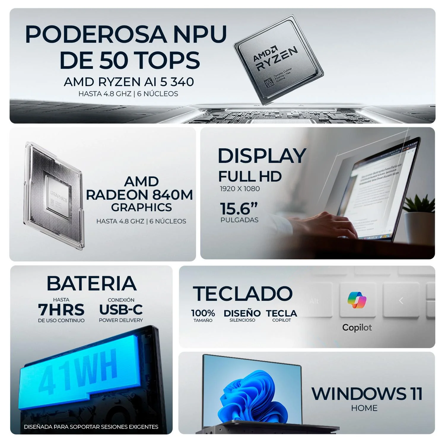 Laptop AI PC HP OmniBook 3 15-fn0505nr Ryzen AI 5 340 16GB DDR5 512GB SSD Pantalla 15.6" Touch IPS FHD Copilot+ PC NPU 50 TOP Windows 11 Teclado Ingles - Image 2