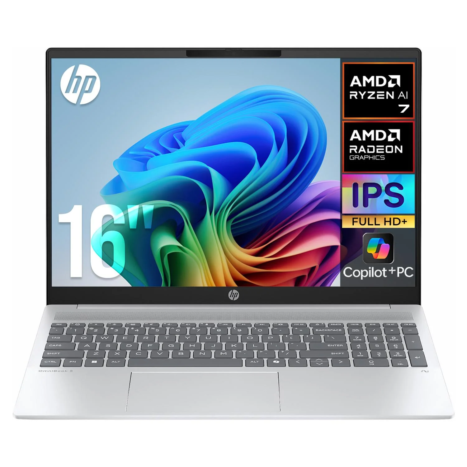 Laptop AI PC HP OmniBook 5 AMD Ryzen AI 7 350 NPU Motor de IA Dedicado 50 TOPS 16GB LPDDR5x 512GB SSD Pantalla 16" IPS FHD+ Teclado Ingles W11H Copilot+ PC Bateria Larga duracion Carga Rapida