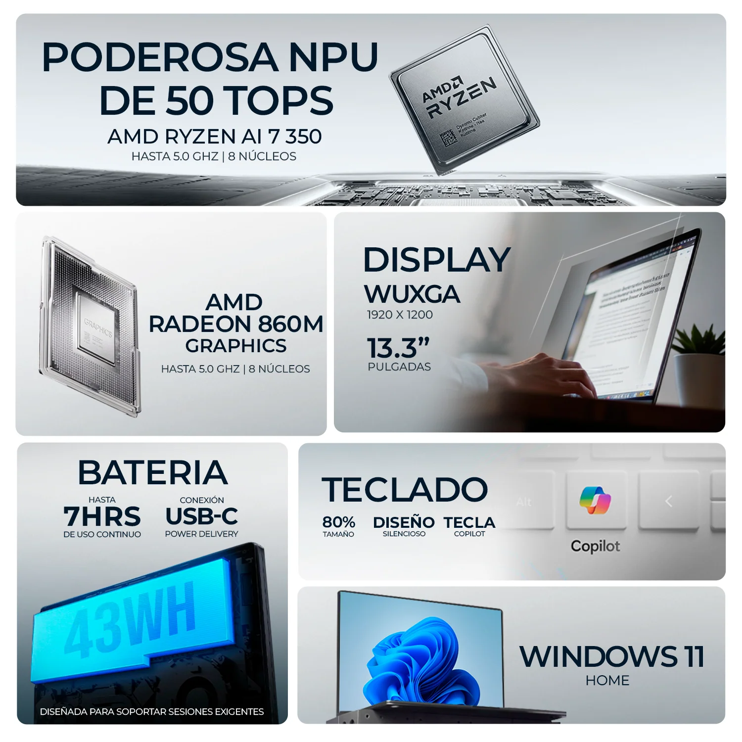 Laptop AI PC HP OmniBook 7 Aero 13-bg1057nr AMD Ryzen AI 7 350 16GB LPDDR5X 1TB SSD Pantalla 13.3" IPS 2K Copilot+ PC NPU 50 TOP Windows 11 Teclado Ingles - Image 2