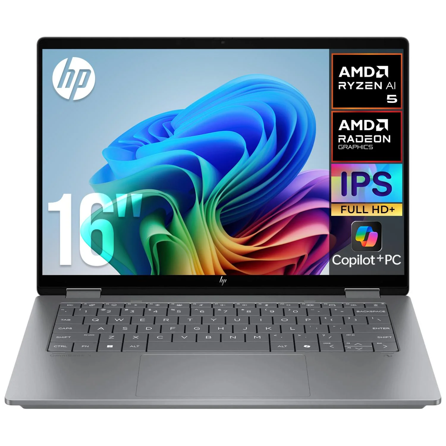 Laptop AI PC HP OmniBook X Flip 2 en 1 Ryzen AI 5 340 NPU Motor de IA Dedicado 50 TOPS 16GB DDR5 512GB Pantalla Touch 16" IPS FHD+ Teclado Ingles W11H Copilot+PC Bateria de Ultra Larga Duracion