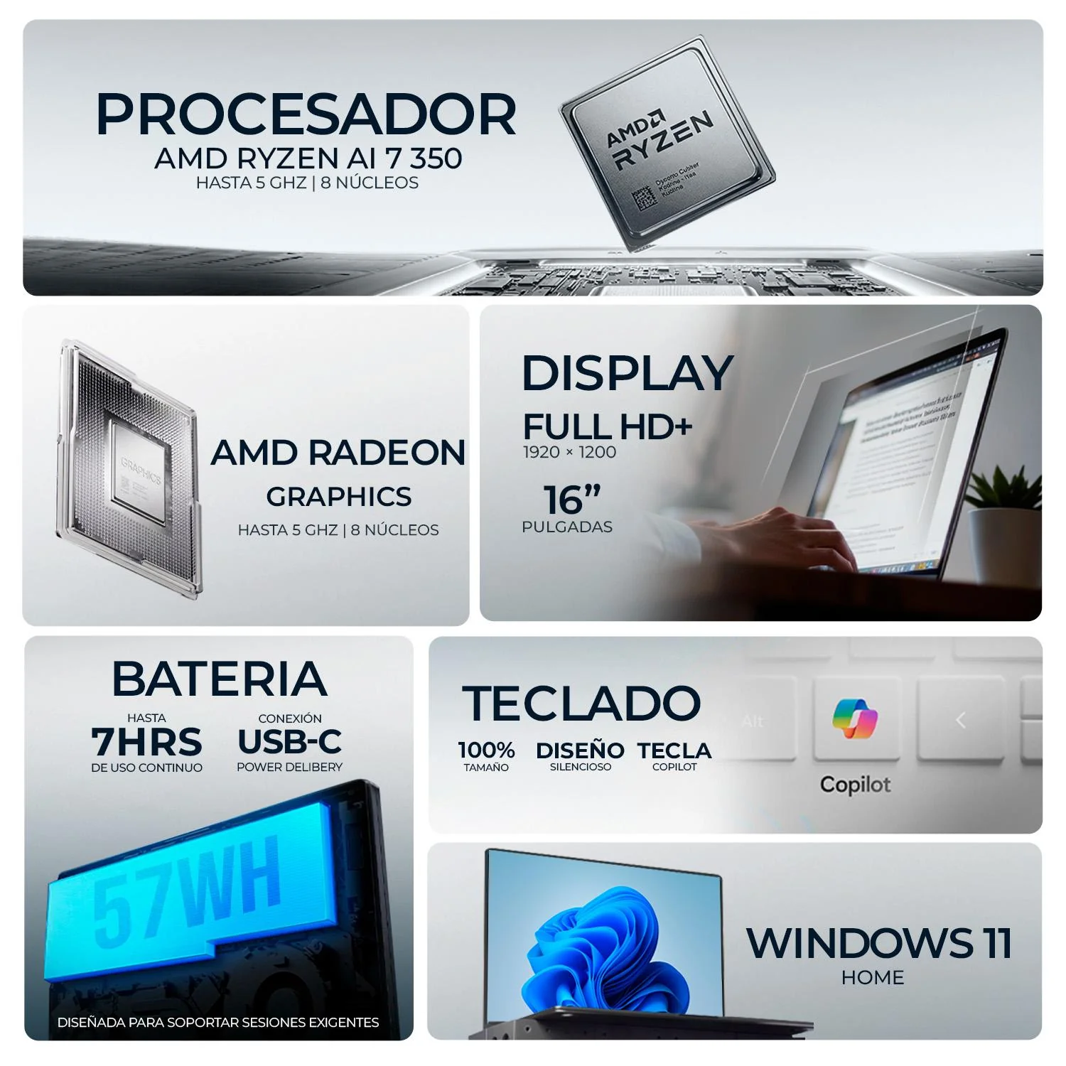 Laptop AI PC LENOVO Ideapad 5 AMD Ryzen AI 7 350 NPU Motor de IA Dedicado 50 TOPS 16GB LPDDR5X 1TB SSD Pantalla Touch 16" IPS FHD+ Teclado Ingles W11H Copilot+PC Bateria Larga duracion Carga Rapida - Image 2