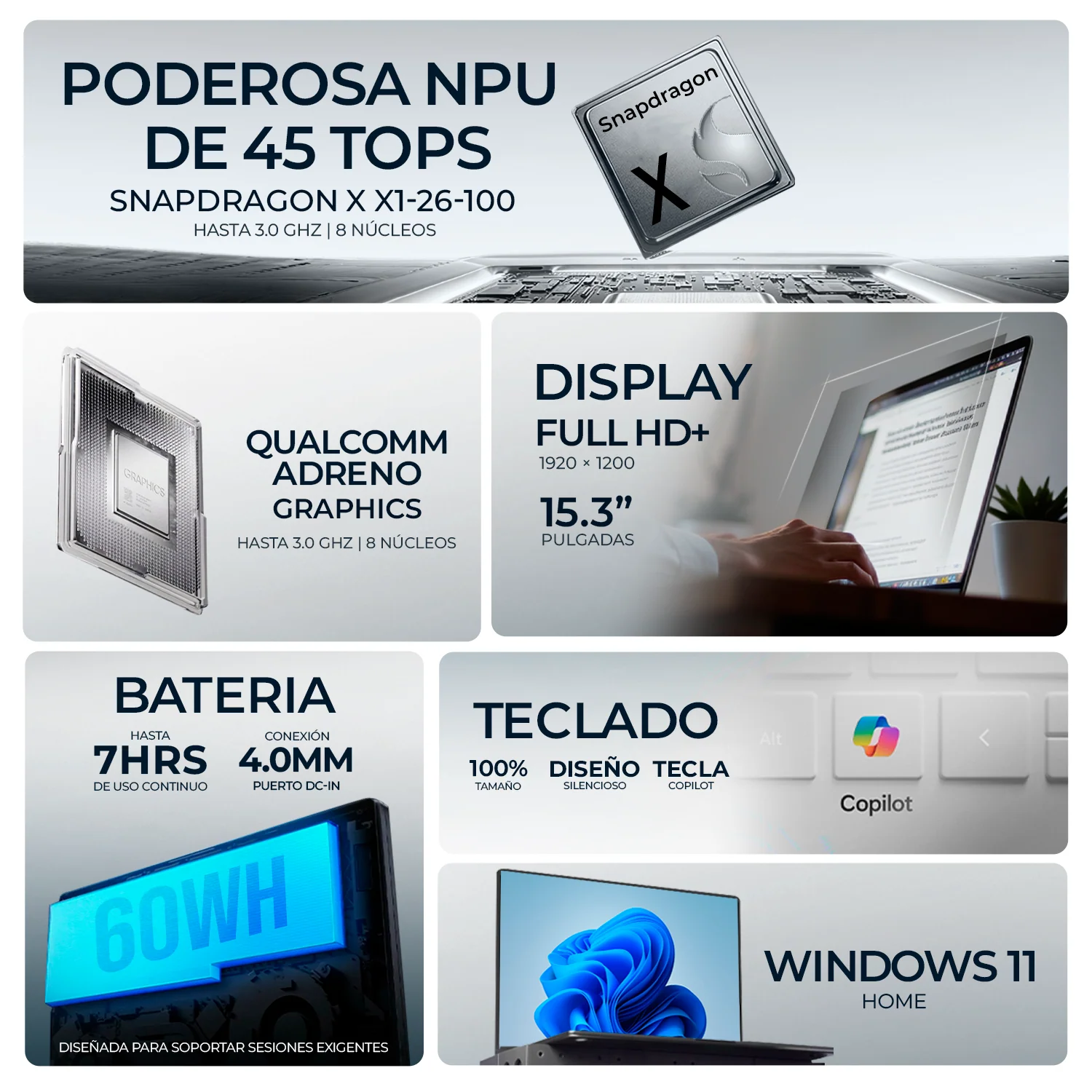 Laptop AI PC LENOVO IdeaPad Slim 3 15Q8X10 Snapdragon X 16GB LPDDR5X 512GB SSD Pantalla 15.3" IPS FHD+ Copilot+ PC NPU 45 TOPS Windows 11 Teclado Ingles - Image 2