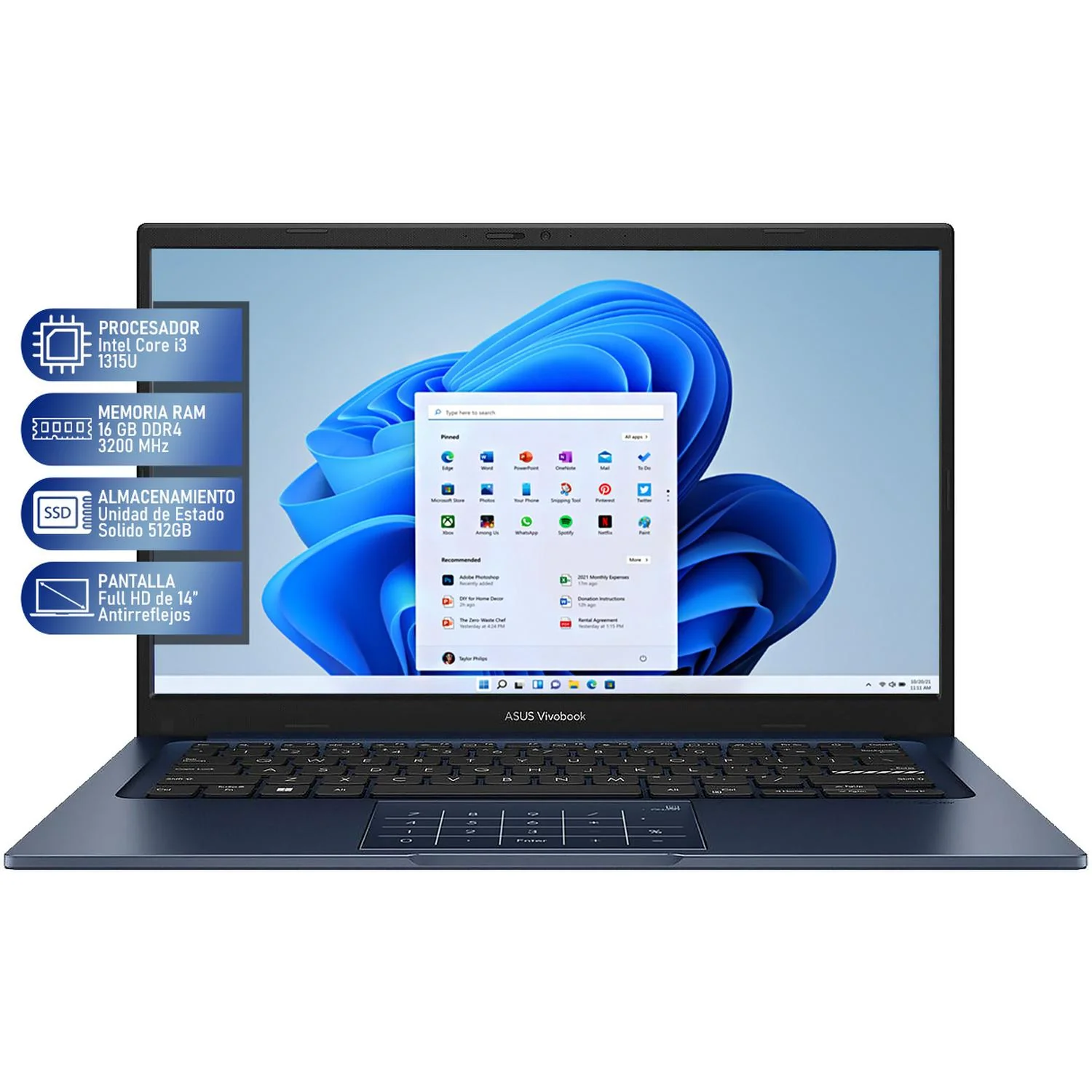 Laptop ASUS Vivobook 14 Intel Core i3 1315U 16GB SSD 512GB 14" FHD Teclado Ingles Mouse DXT ideal para Estudio y Multitarea - Image 2