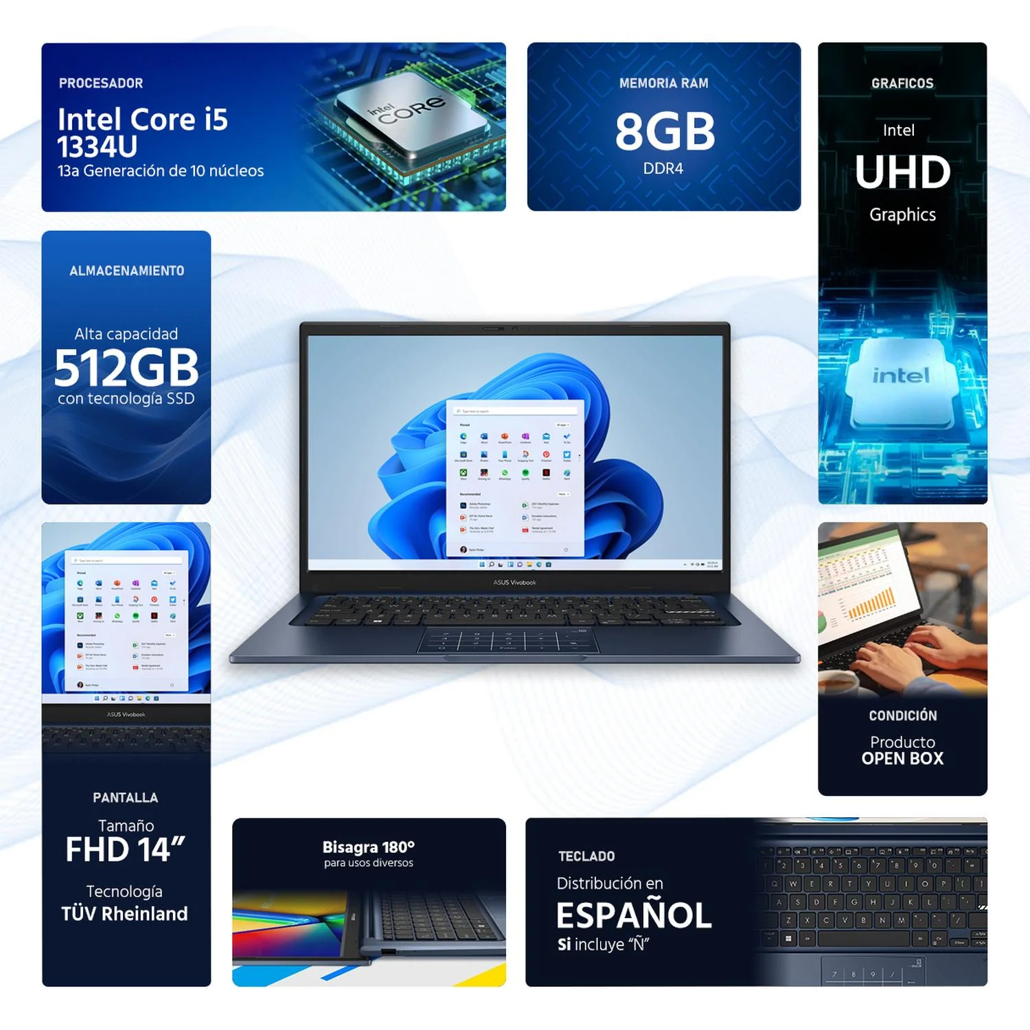 Laptop ASUS Vivobook 14 Intel Core i3 1334U 8GB RAM 512GB SSD 14" Windows 11 Home Teclado en Español Open Box - Image 2