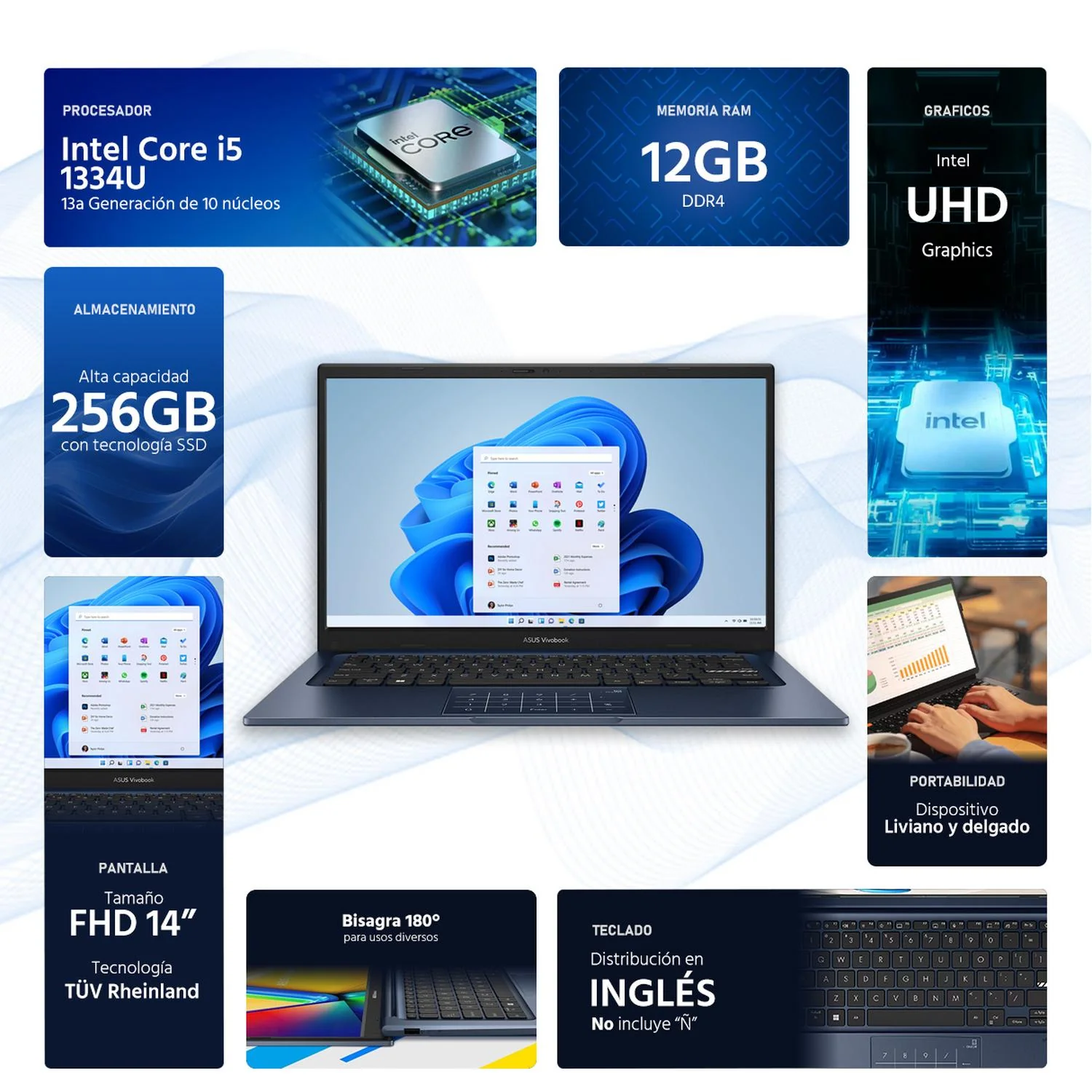 Laptop ASUS Vivobook 14 Intel Core i5 1334U 12GB RAM 256GB SSD 14" Windows 11 Home Teclado en Ingles - Image 2