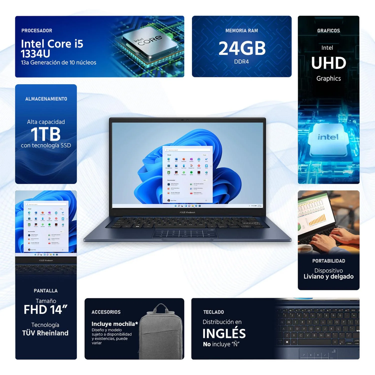 Laptop ASUS Vivobook 14 Intel Core i5 1334U 24GB SSD 1TB 14" FHD Teclado Ingles ideal para Estudiantes y Profesionales - Image 2