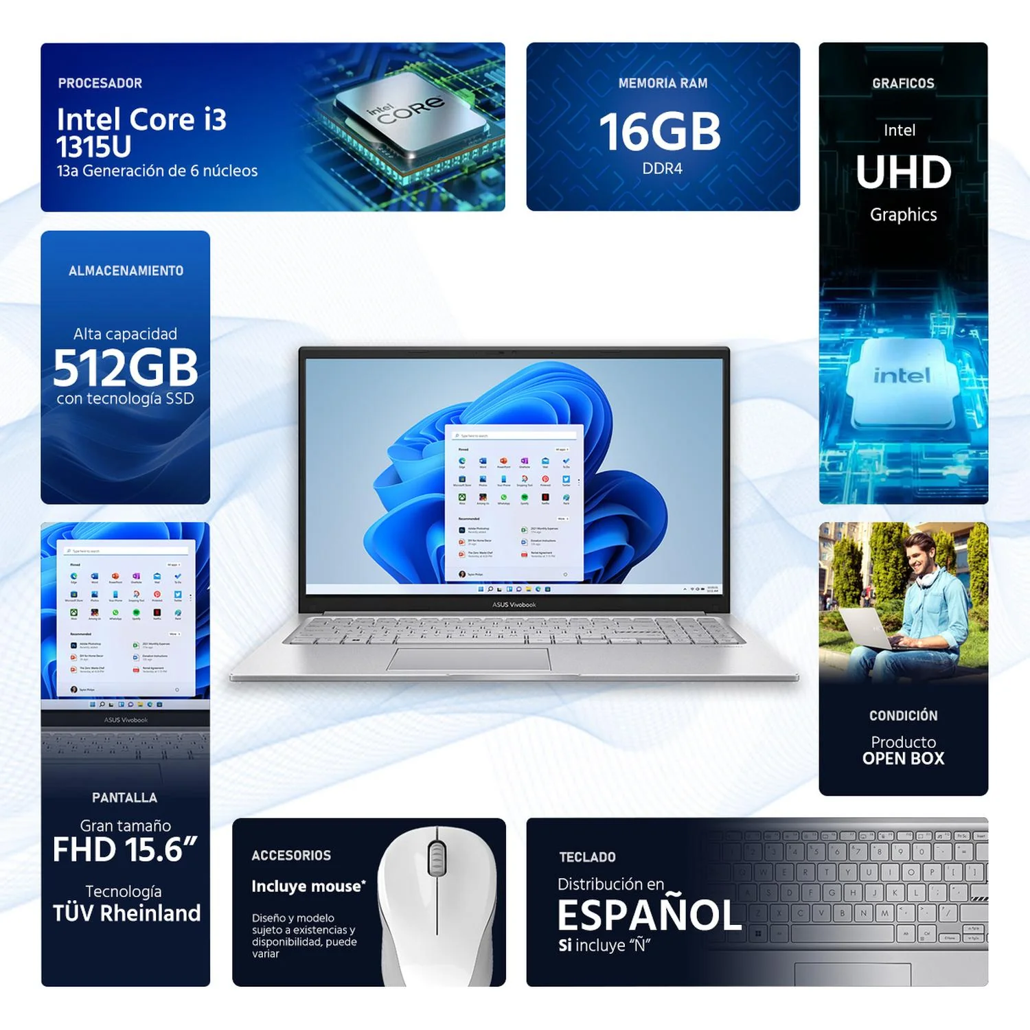 Laptop ASUS Vivobook 15 Intel Core i3 1315U 16GB RAM 512GB SSD 15.6" Windows 11 Home Teclado en Español + Mouse DXT Open Box - Image 2