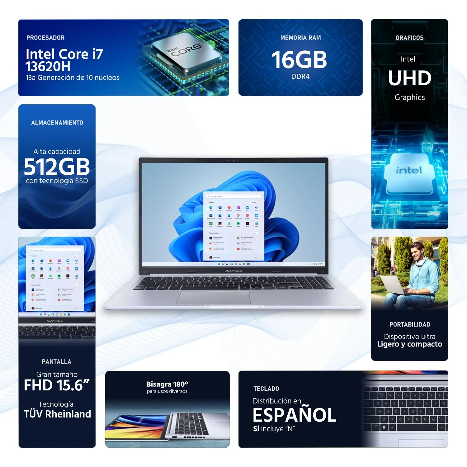 Laptop ASUS Vivobook 15 Intel Core i7 13620H 16GB RAM 512GB SSD 15.6" Windows 11 Home Teclado en Español - Image 2