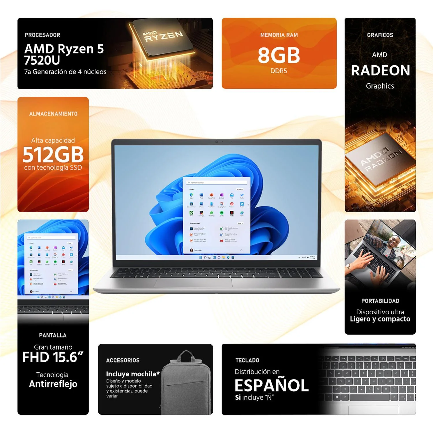 Laptop DELL 15 AMD Ryzen 5 7520U 8GB RAM 512GB SSD 15.6" Teclado en Español Windows 11 Home + Mochila - Image 2