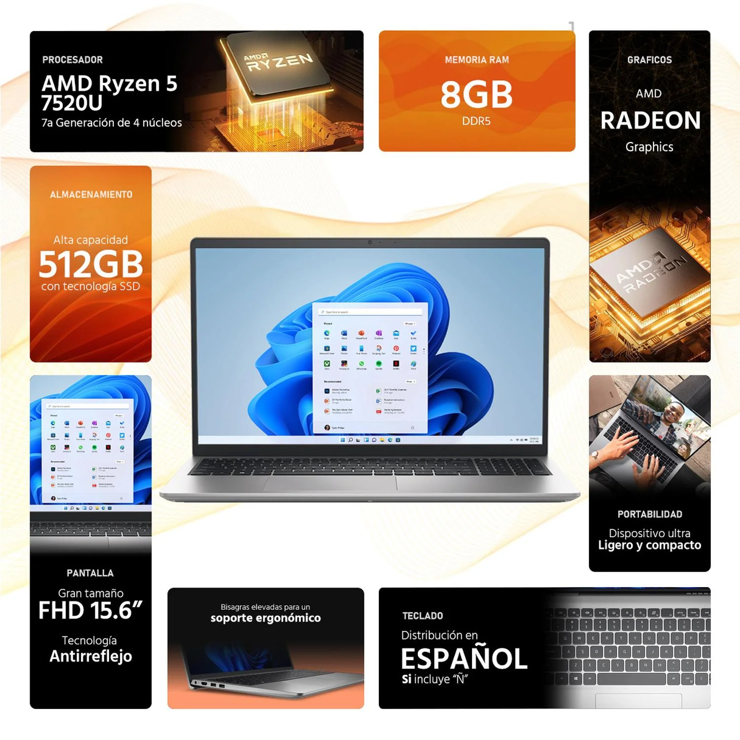 Laptop DELL Inspiron 15 AMD Ryzen 5 7520U 8GB DDR5 SSD 512GB 15.6" FHD Teclado Español Multitarea y Uso Estudiantil - Image 2