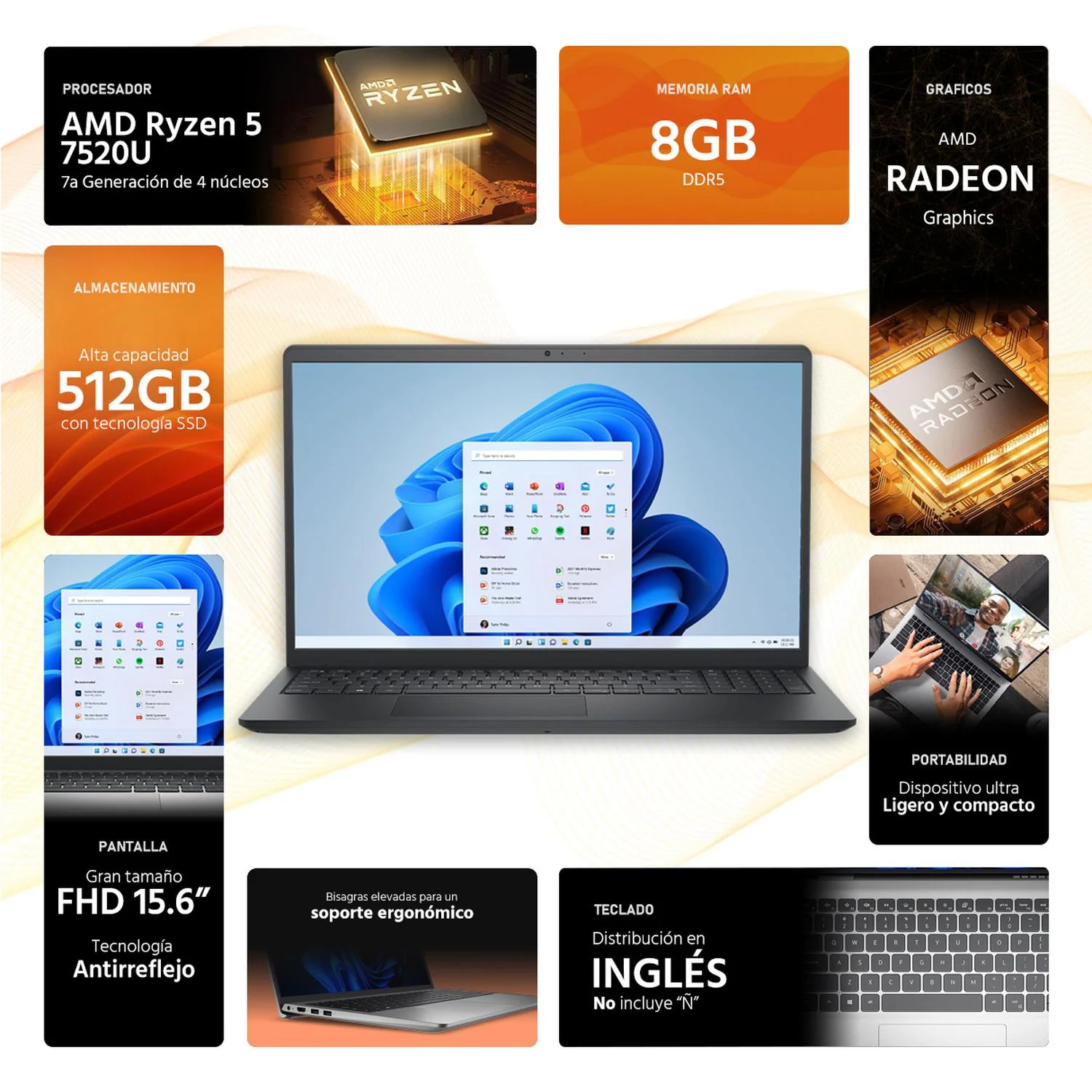 Laptop DELL Inspiron 15 AMD Ryzen 5 7520U 8GB RAM 512GB SSD 15.6" Windows 11 Home Teclado en Ingles - Image 2