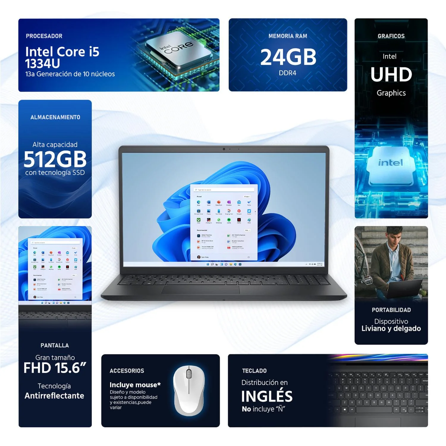 Laptop DELL Inspiron 15 Intel Core i5 1334U 24GB RAM 512GB SSD 15.6" Windows 11 Home Teclado en Ingles + Mouse DXT - Image 2
