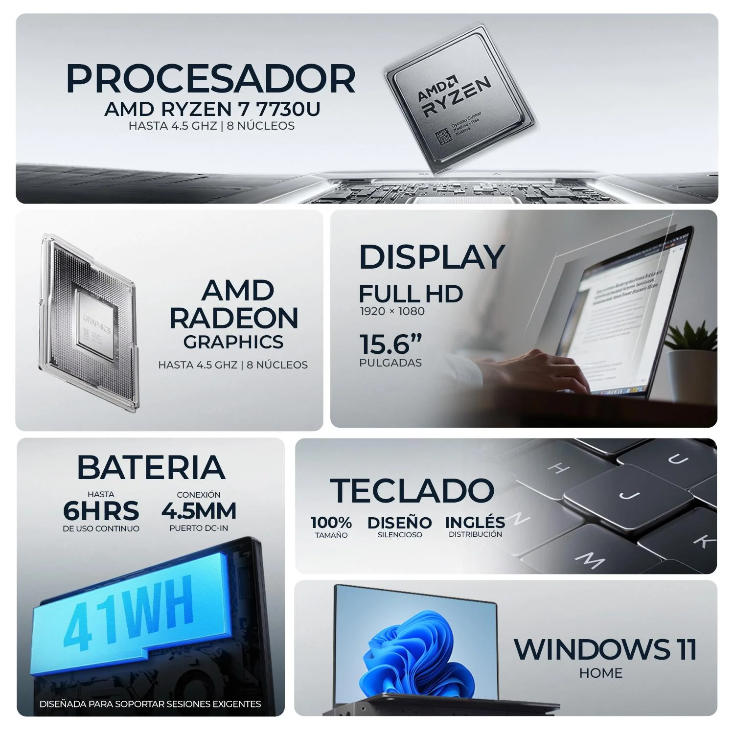 Laptop DELL Inspiron DC15255 AMD Ryzen 7 7730U 16GB 512GB SSD Pantalla Touch 15.6" FHD Teclado Ingles W11H Productividad Avanzada y Multitarea Fluida - Image 2