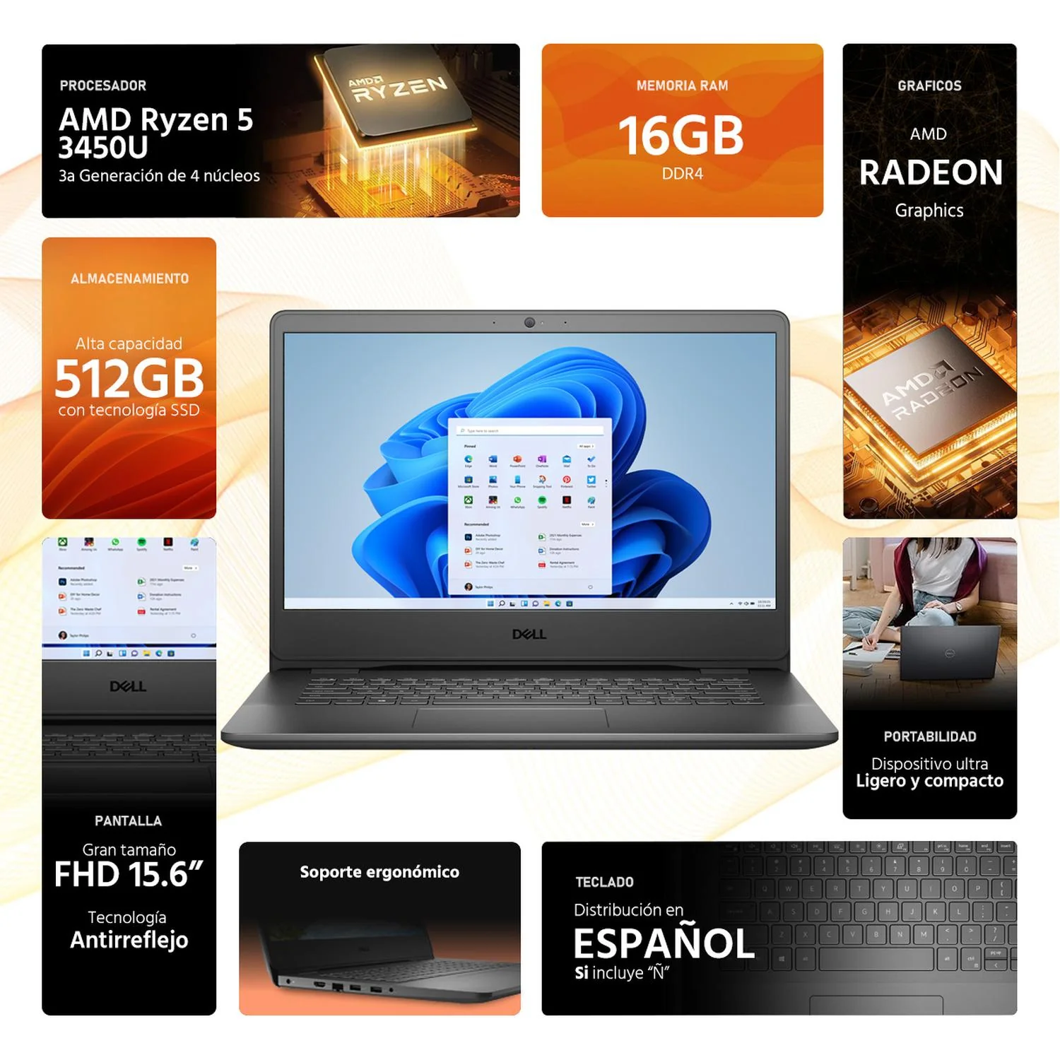 Laptop DELL Vostro 14 AMD Ryzen 5 3450U 16GB RAM 512GB SSD 14" Windows 11 Pro Teclado en Español - Image 2