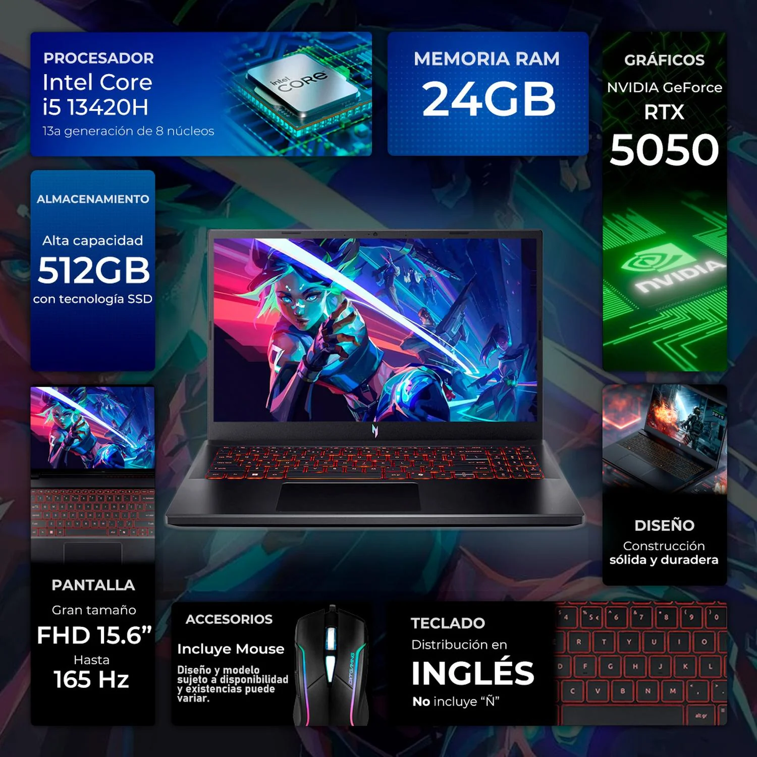 Laptop Gamer ACER Nitro V 15 NVIDIA GeForce RTX 5050 Intel Core i5 13420H 24GB SSD 512GB 15.6" FHD 165Hz Teclado Ingles Mouse DXT Gaming Creacion de Contenido y Gaming Competitivo - Image 2