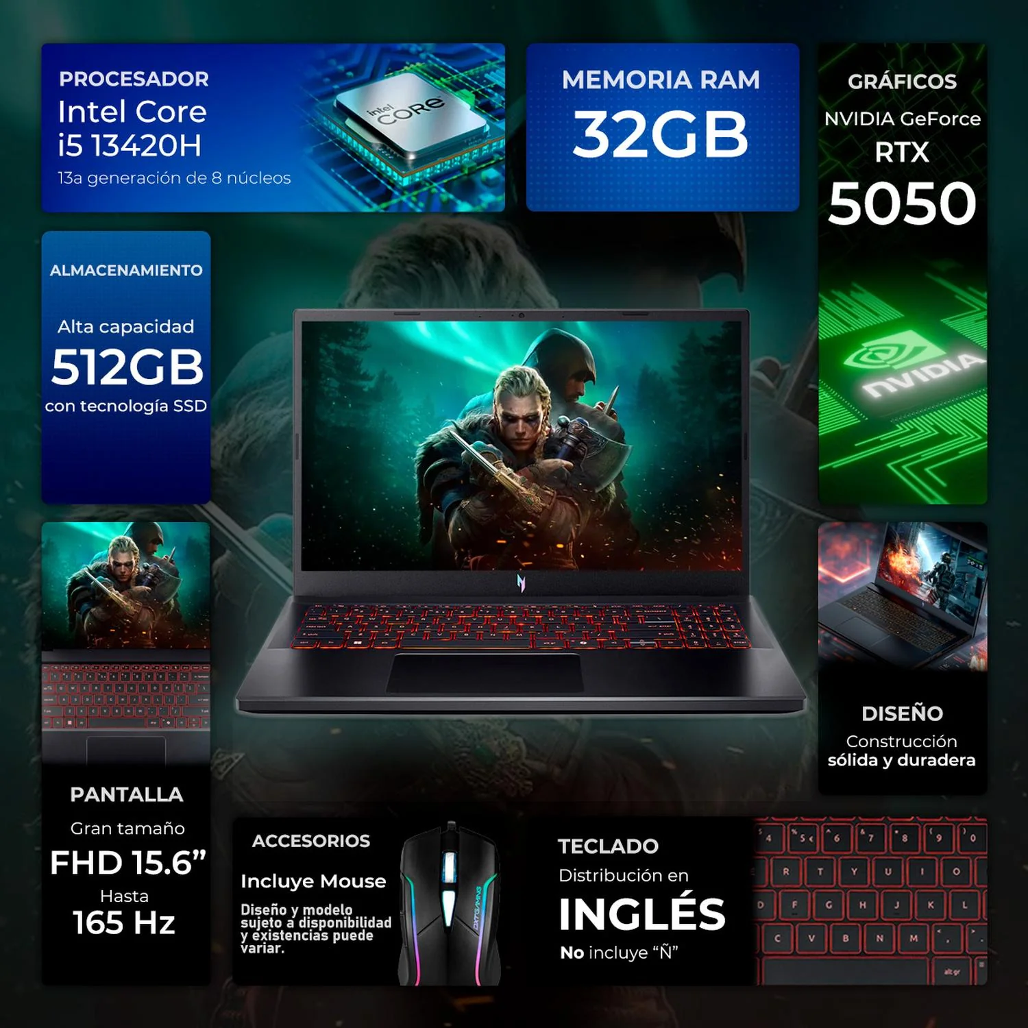 Laptop Gamer ACER Nitro V 15 NVIDIA GeForce RTX 5050 Intel Core i5 13420H 32GB SSD 512GB 15.6" FHD 165Hz Teclado Ingles Mouse DXT Gaming Creacion de Contenido y Gaming Competitivo - Image 2