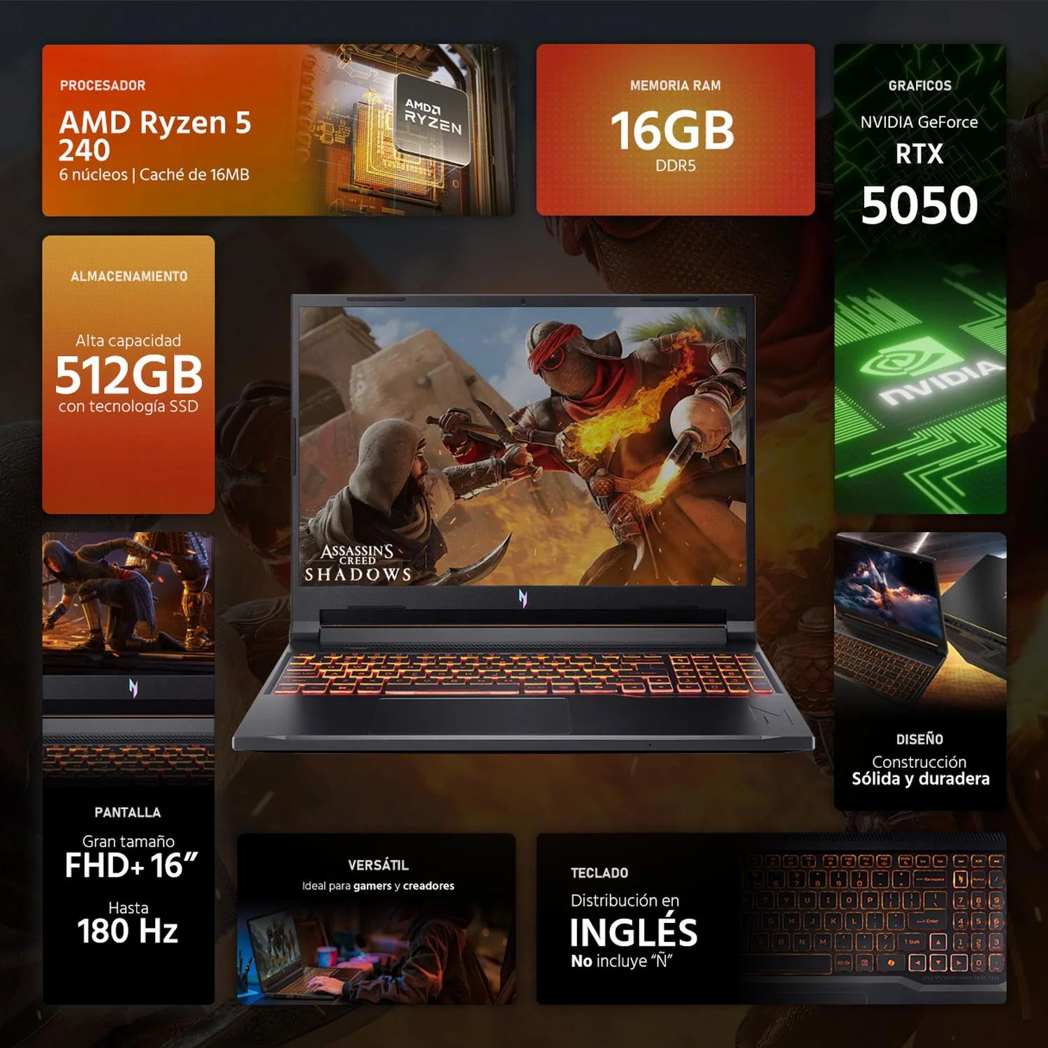 Laptop Gamer ACER Nitro V 16 AI NVIDIA GeForce RTX 5050 AMD Ryzen 5 240 16GB RAM 512GB SSD 16" Windows 11 Home Teclado en Ingles - Image 2