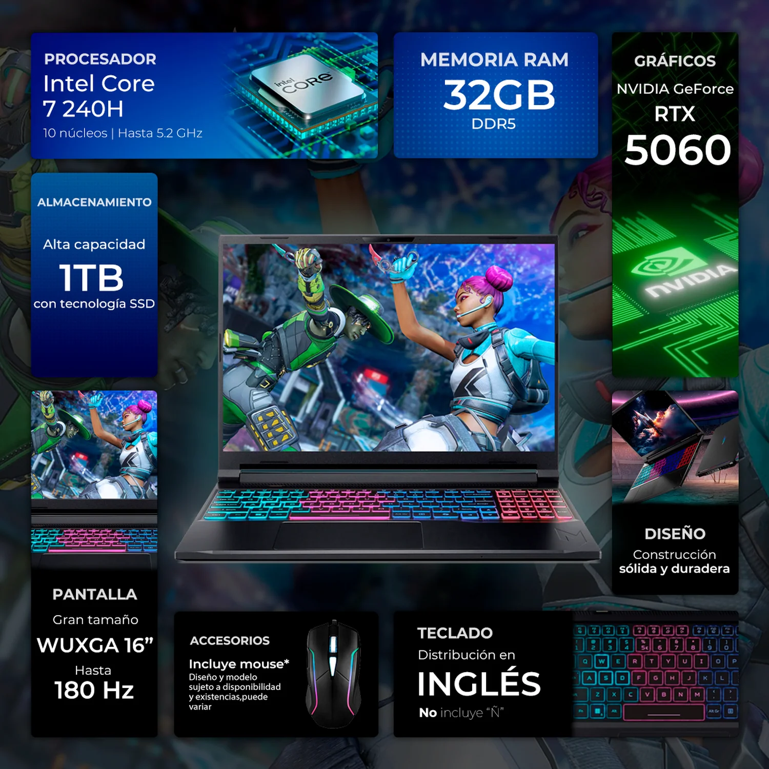 Laptop Gamer ACER Nitro V 16S NVIDIA GeForce RTX 5060 8GB Intel Core i7 240H 32GB DDR5 1TB SSD Pantalla 16" FHD+ 180Hz Teclado Ingles Mouse DXT Gaming Streaming Profesional y Gaming Competitivo - Image 2
