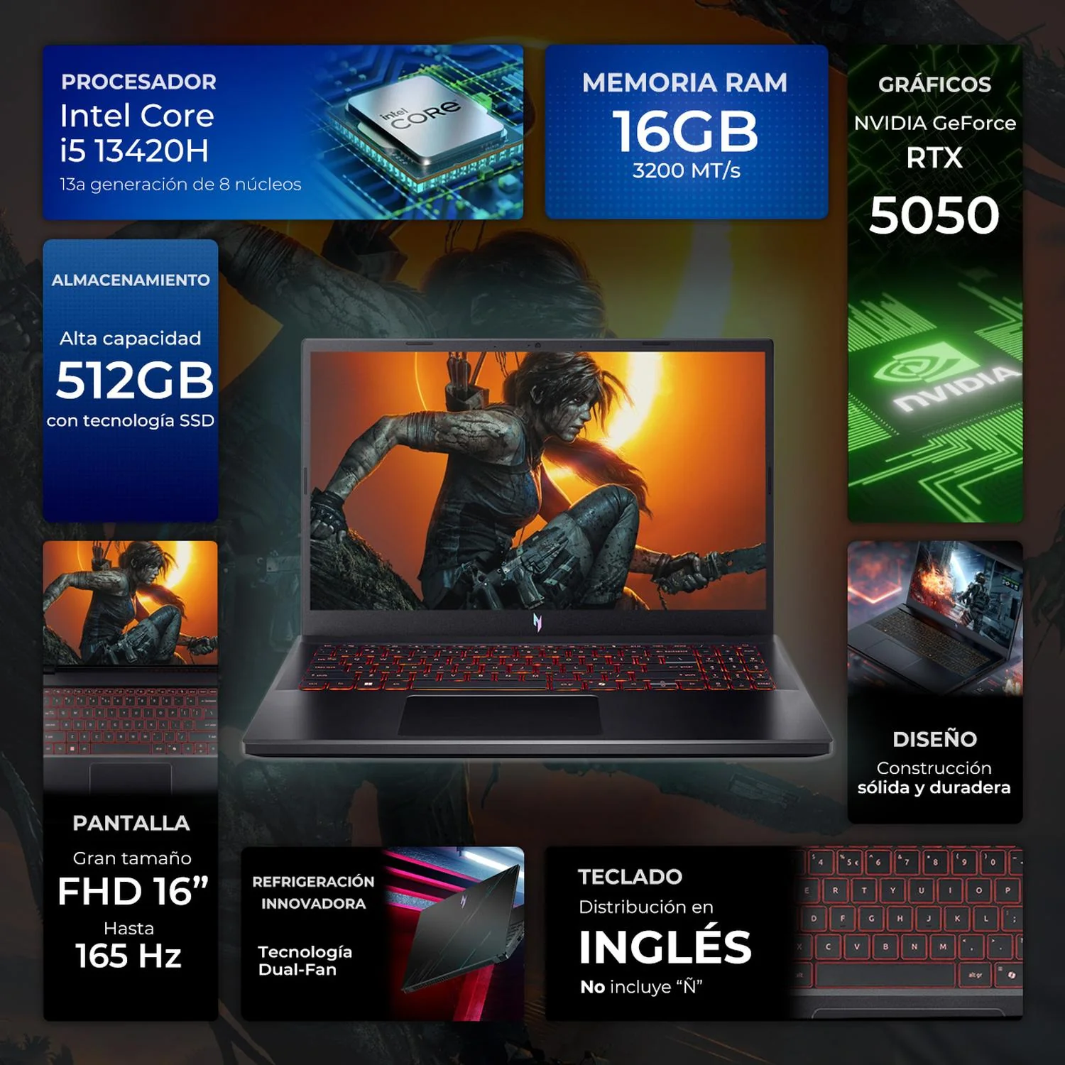 Laptop Gamer ACER NITRO V NVIDIA GeForce RTX 5050 Intel Core i5 13420H 16GB SSD 512GB 15.6" FHD 165Hz Teclado Ingles Gaming Entrada y Estudio - Image 2