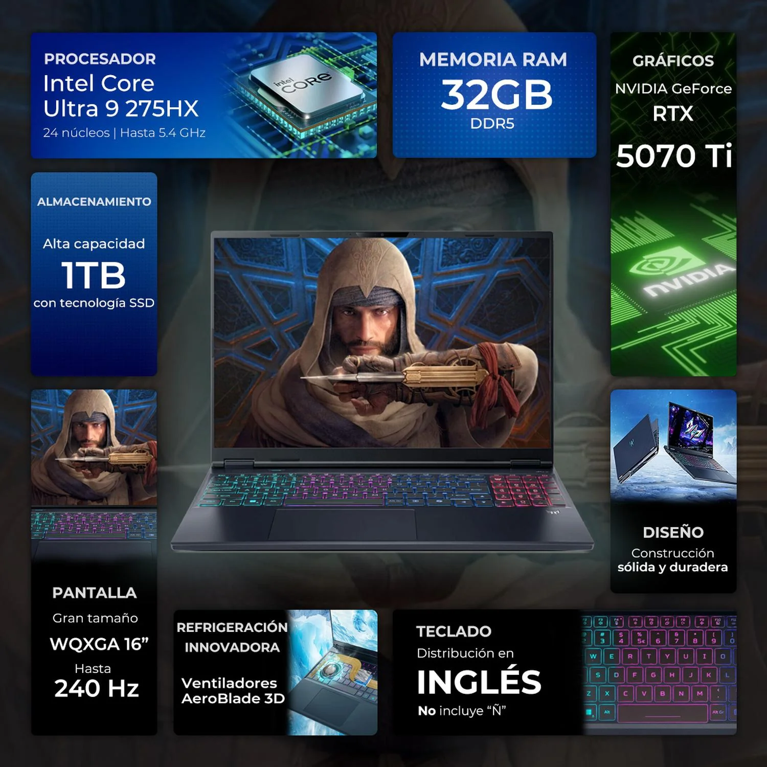 Laptop Gamer ACER Predator Helios Neo 16S NVIDIA GeForce RTX 5070 Ti Intel Core Ultra 9 275HX 32GB DDR5 SSD 1TB 16" WQXGA 240Hz Teclado Ingles Gaming Avanzado y Multitarea Extrema - Image 3